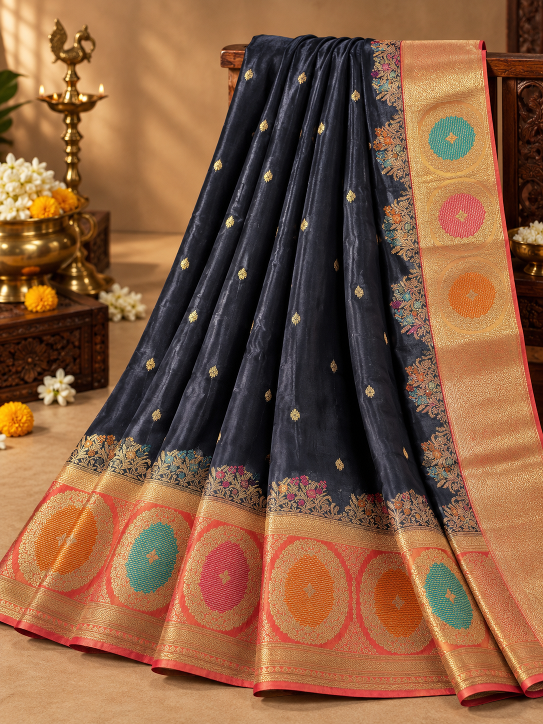 Black Colour Viscose Crepe Saree with Red Contrast