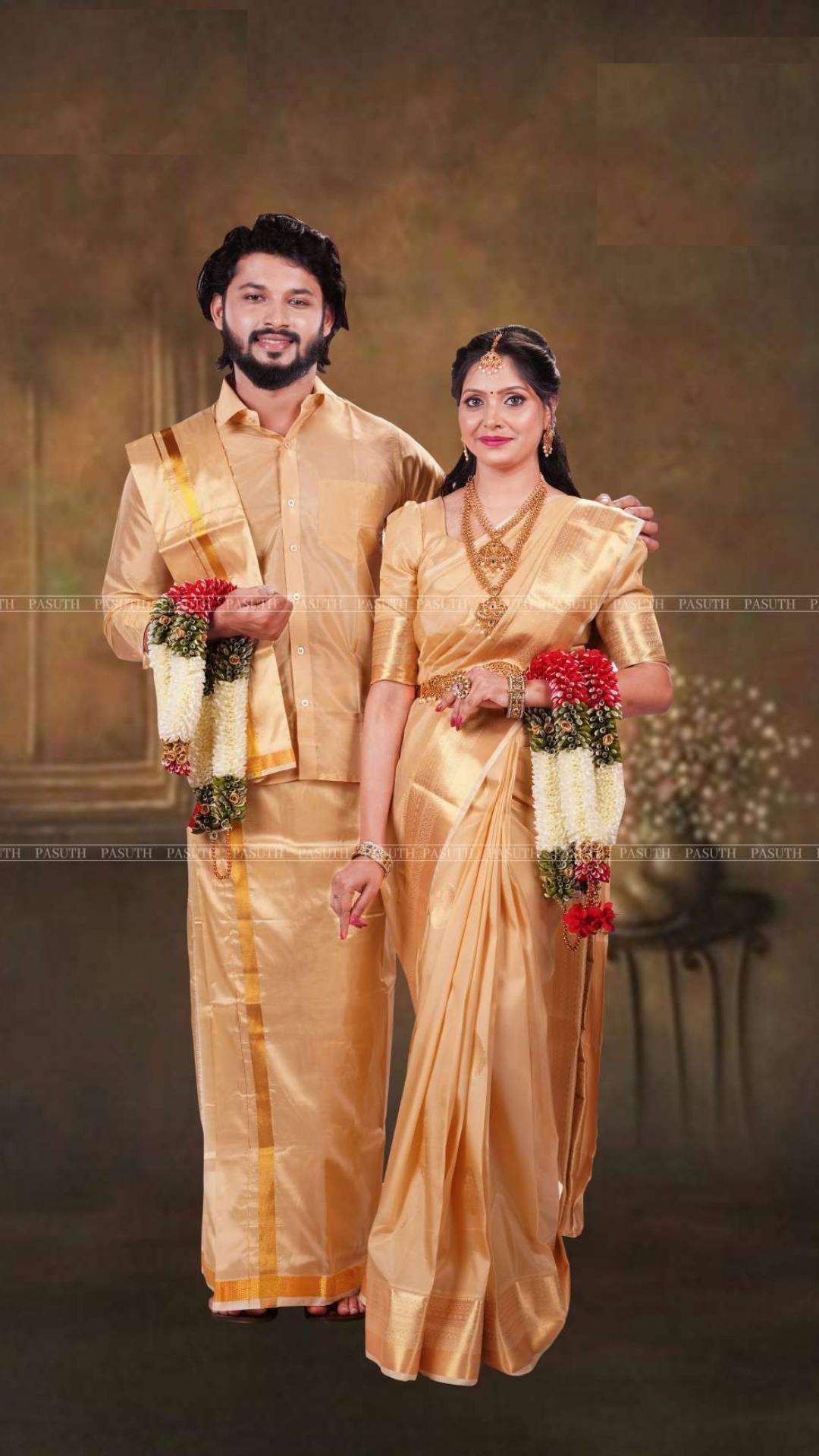 "Copper Gold Shining Ethnic Set: Men's Shirt & Dhoti with Coordinated Women Saree | Luxurious Couple's Wear" - New Sudarshan Silks`
