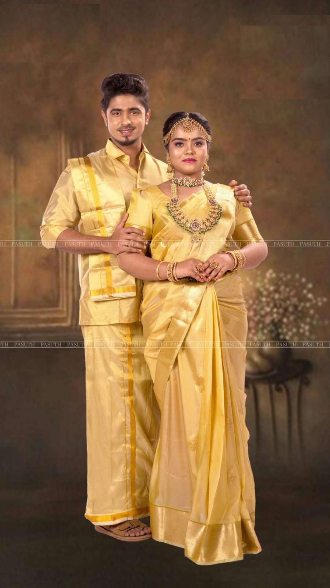 "Pure Gold Ethnic Set:Men's Shirt & Dhoti with Matching Women's Saree | Regal Couple's Traditional Wear" - New Sudarshan Silks`