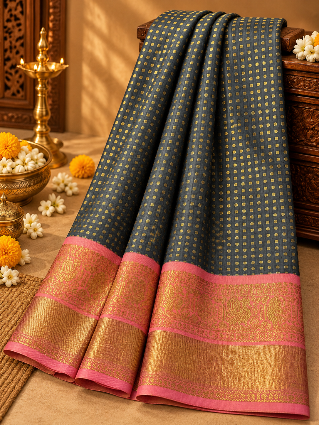 Black Colour Semi Silk Saree with Pastel Pink Contrast
