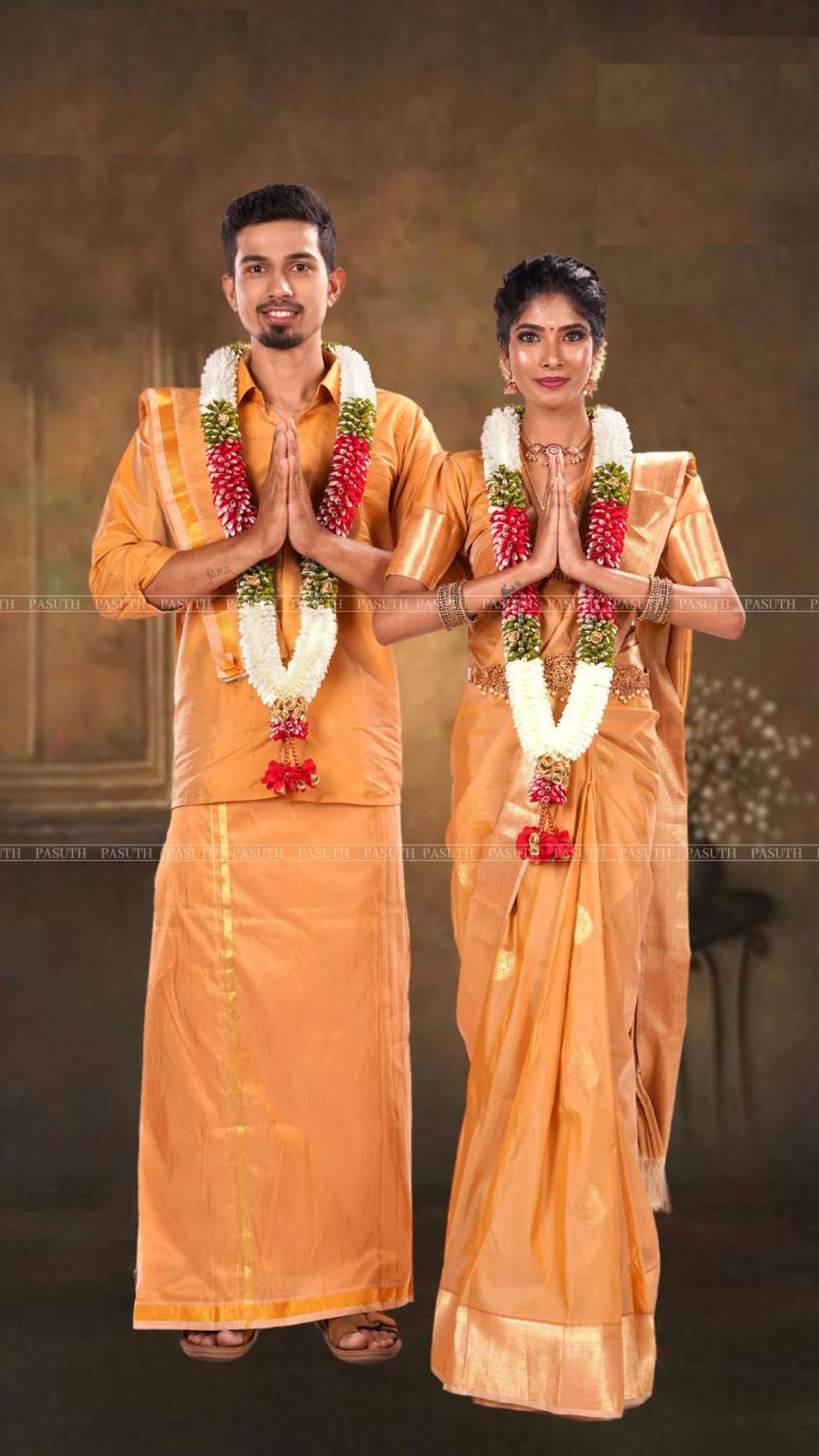 "White Gold Ethnic Duo: Men's Shirt & Dhoti Set with Coordinated Women's Saree | Perfect for Festive Occasions" - New Sudarshan Silks`