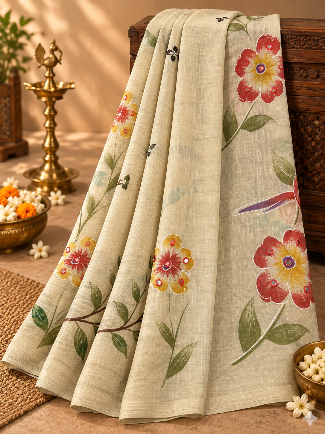 Cream Colour Lenin Cotton Saree with beautiful Floral Print