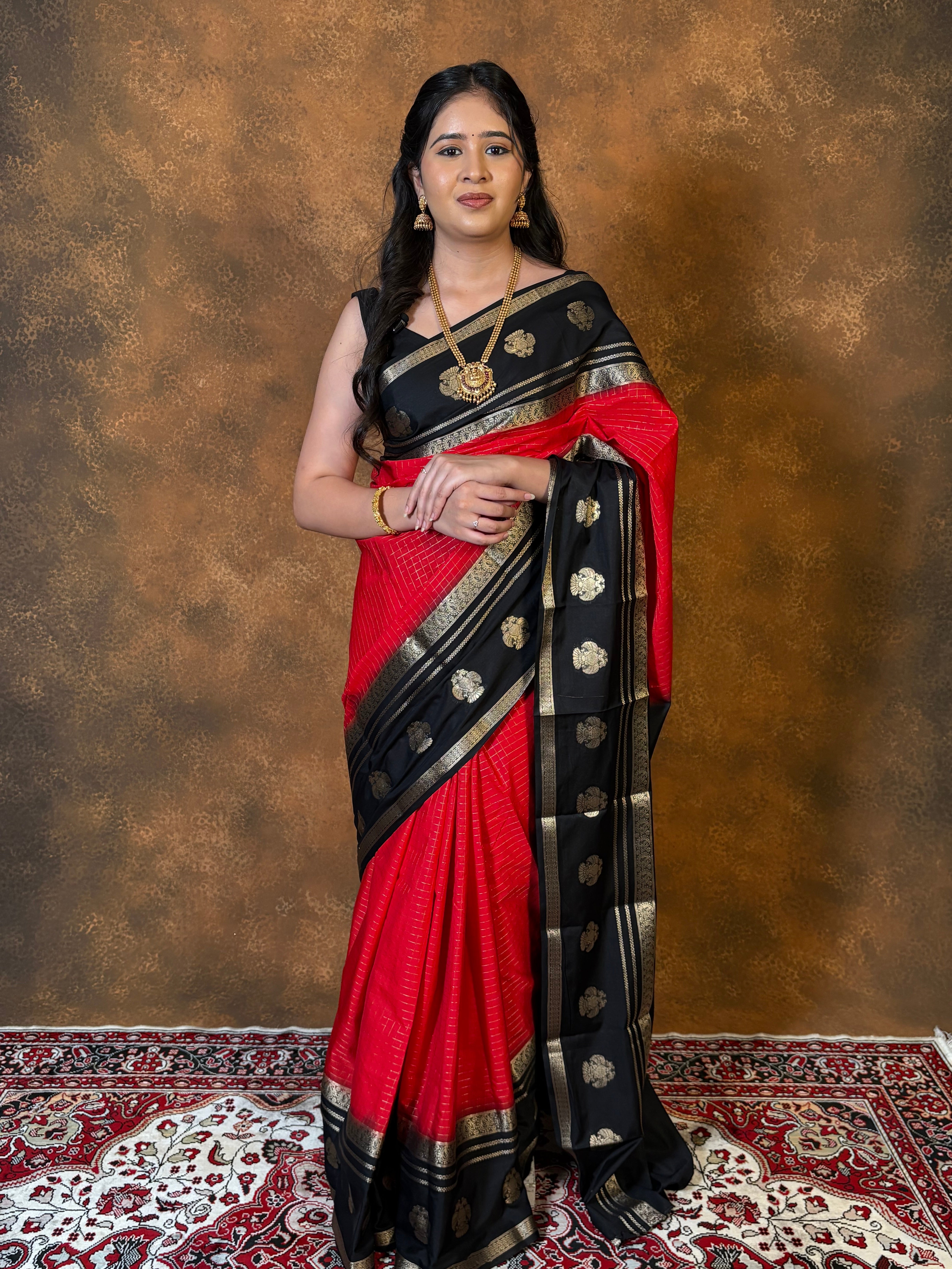 Red with Black Semi Mysore Silk Saree