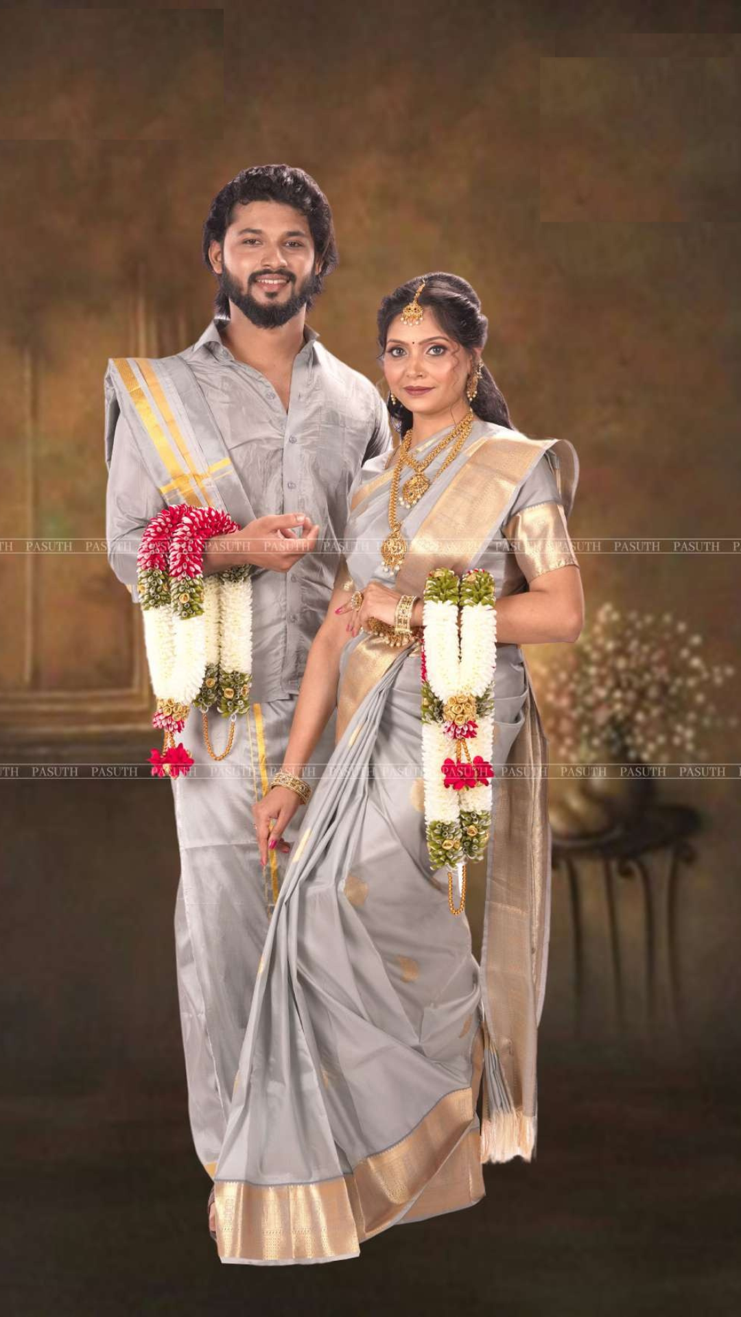 "Silver Grey Ethnic Ensemble: Men's Shirt & Dhoti with Matching Women's Saree | Stylish Couple's Attire" - New Sudarshan Silks`
