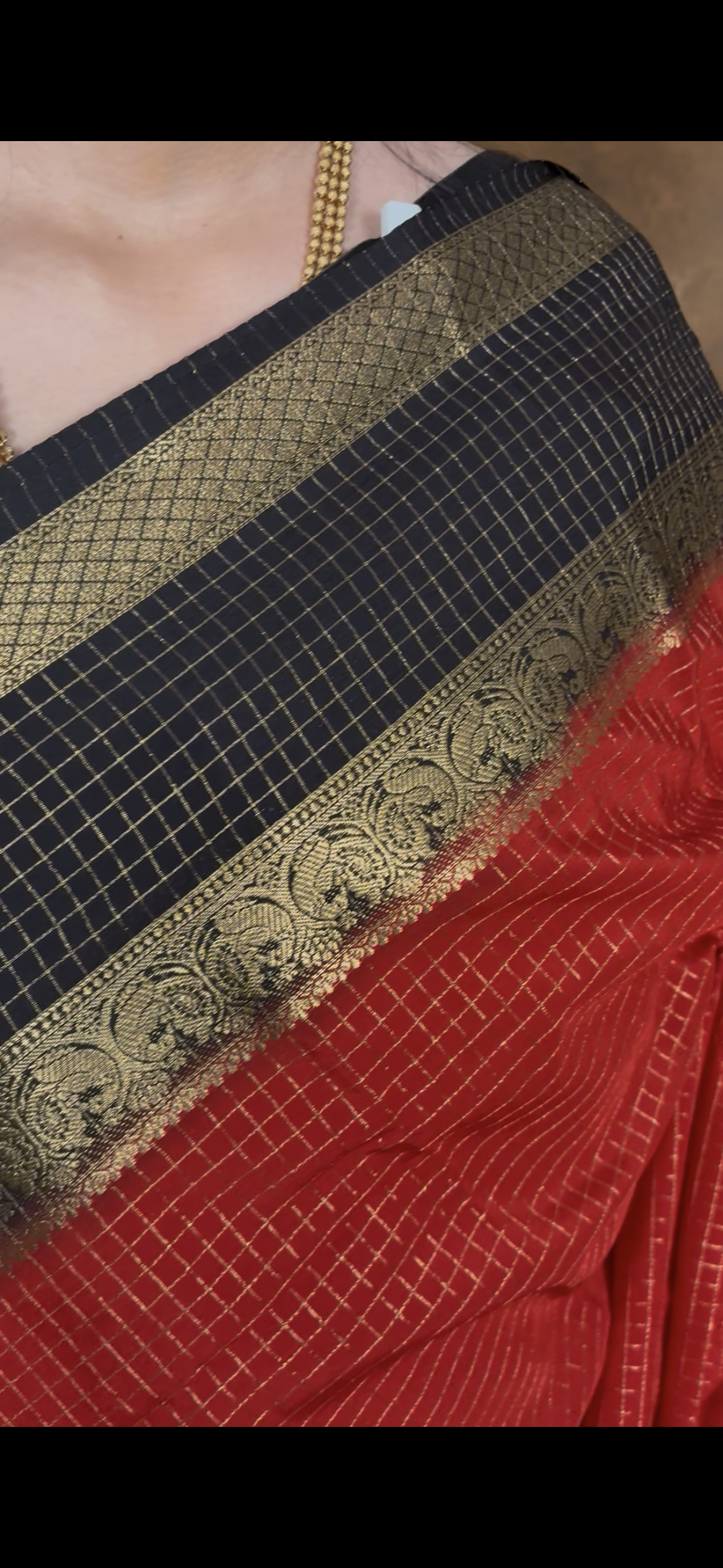 Red checks with Black Semi Mysore Silk Saree