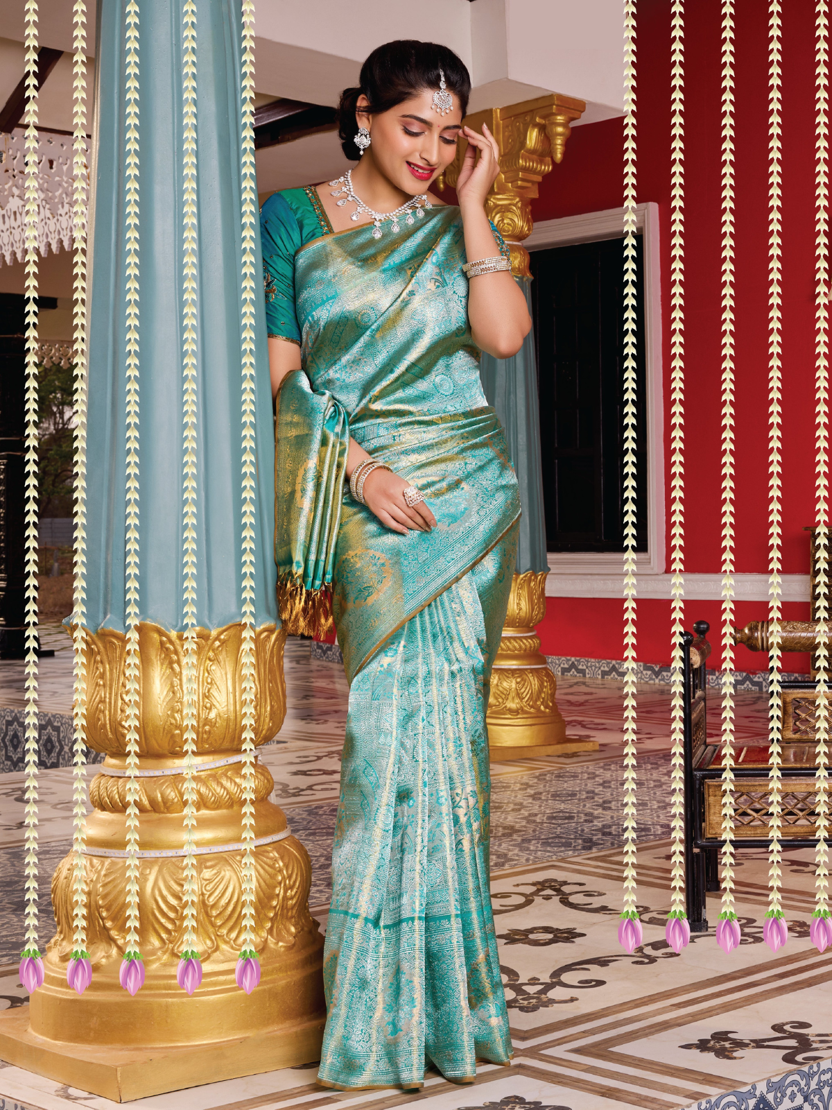 Elegant blue tissue silk saree with gold highlights – perfect for receptions and parties