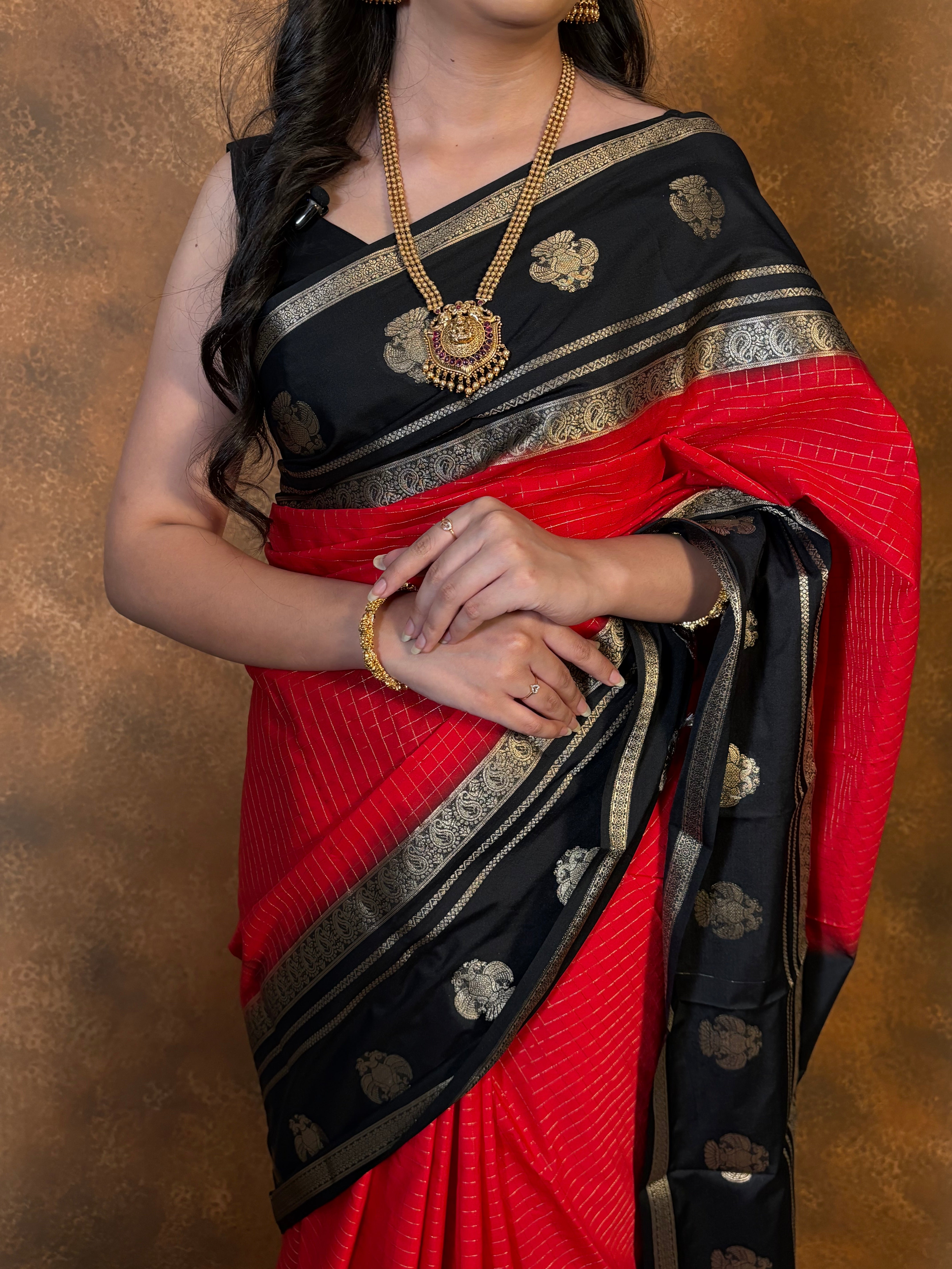 Red with Black Semi Mysore Silk Saree