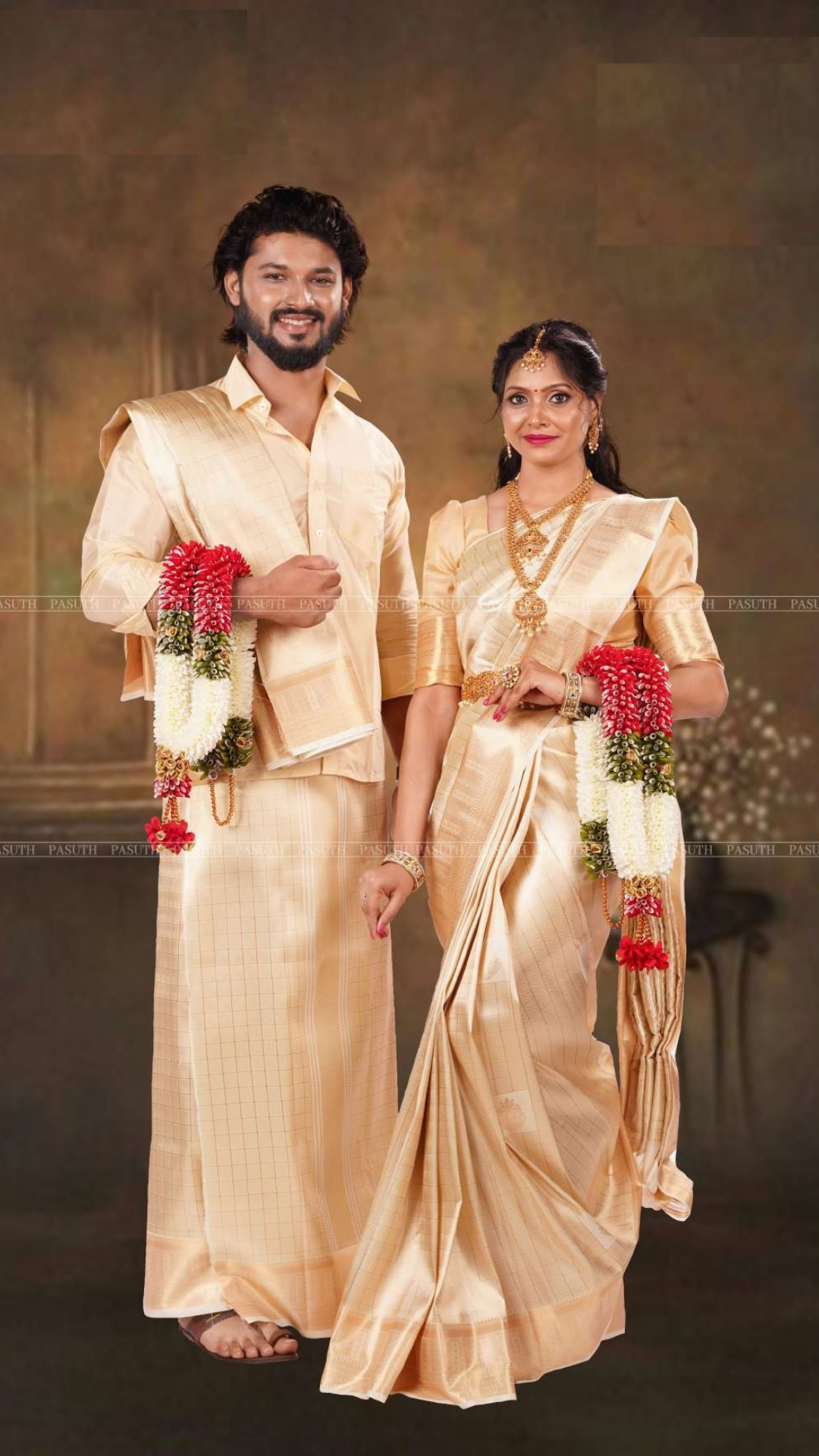 "Gold Checks Ethnic Attire: Men's Shirt & Dhoti with Coordinated Women's Saree | Sophisticated Couple's Wear" - New Sudarshan Silks`