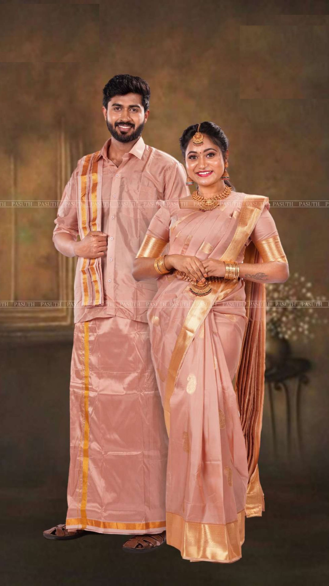 "Copper Shining Ethnic Pair: Men's Shirt & Dhoti with Matching Women's Saree | Radiant Couple's Traditional Outfit" - New Sudarshan Silks`