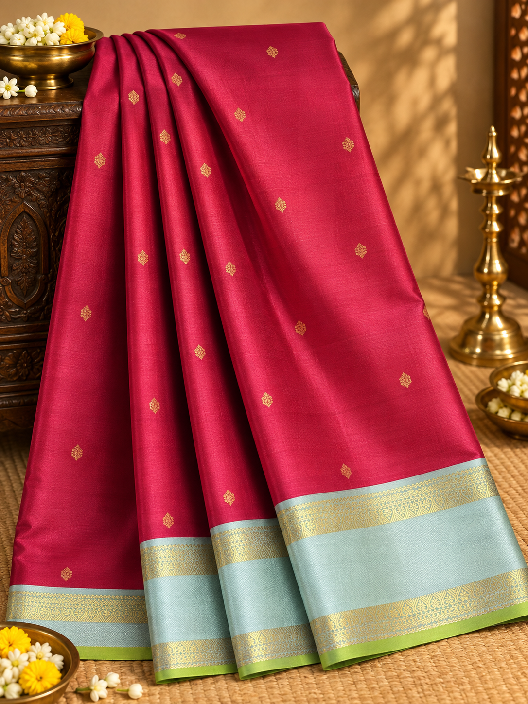 Rani Pink colour Pure Kanjivaram Silk Saree with Mint Green contrast