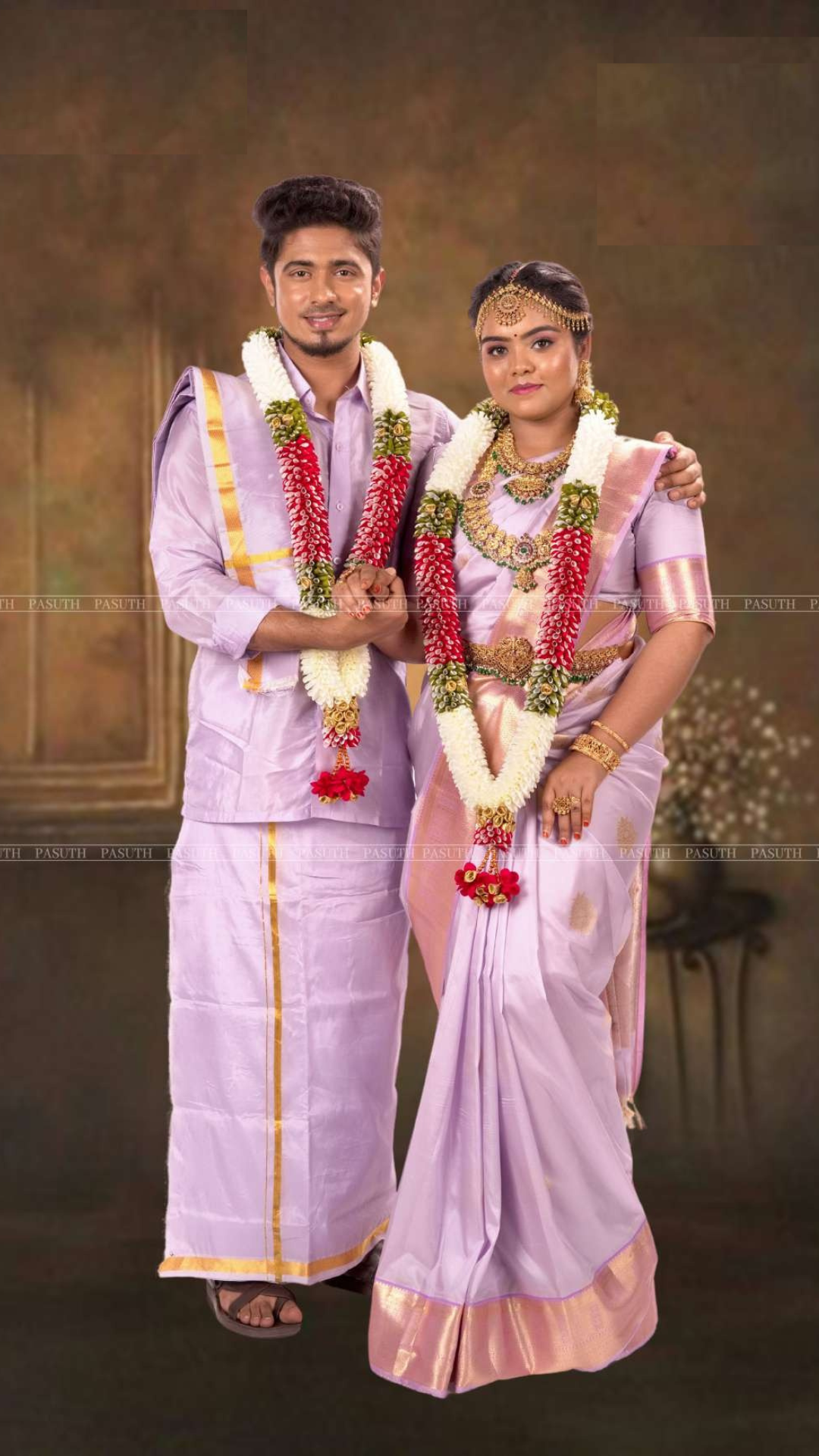 "Lavender Ethnic Ensemble: Mens Shirt & Dhoti with Matching Women's Saree | Graceful Couple's Attire" - New Sudarshan Silks`