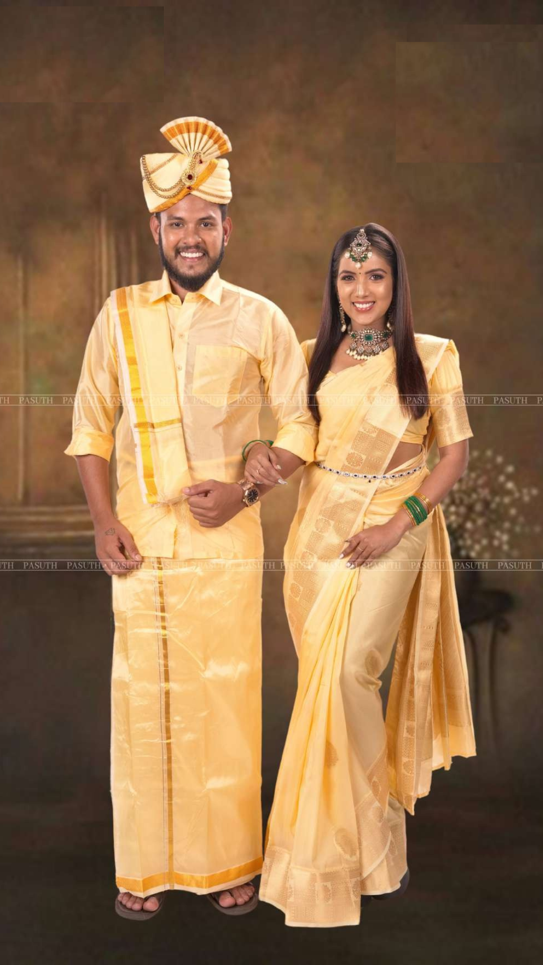 "Silk Color Ethnic Set: Men's Shirt & Dhoti with Coordinated Womens Saree | Elegant Couple's Traditional Wear" - New Sudarshan Silks`