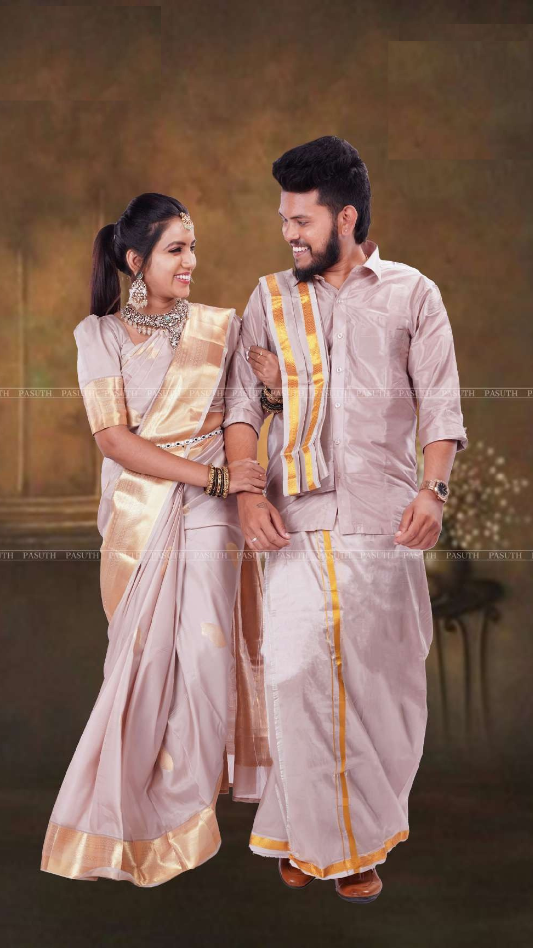 "Light Lavender Ethnic Pair: Men's Shirt & Dhoti with Coordinated Women's Saree | Soft and Elegant Couple's Attire" - New Sudarshan Silks`