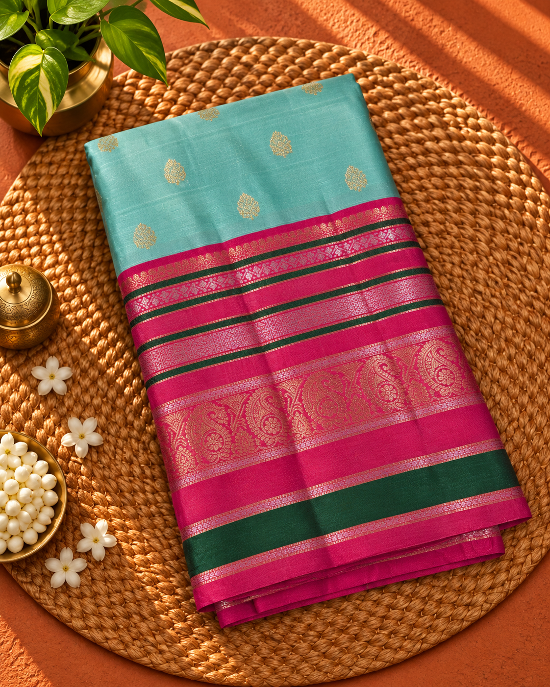Aqua Blue Colour Semi Silk Saree with Magenta Pink Contrast