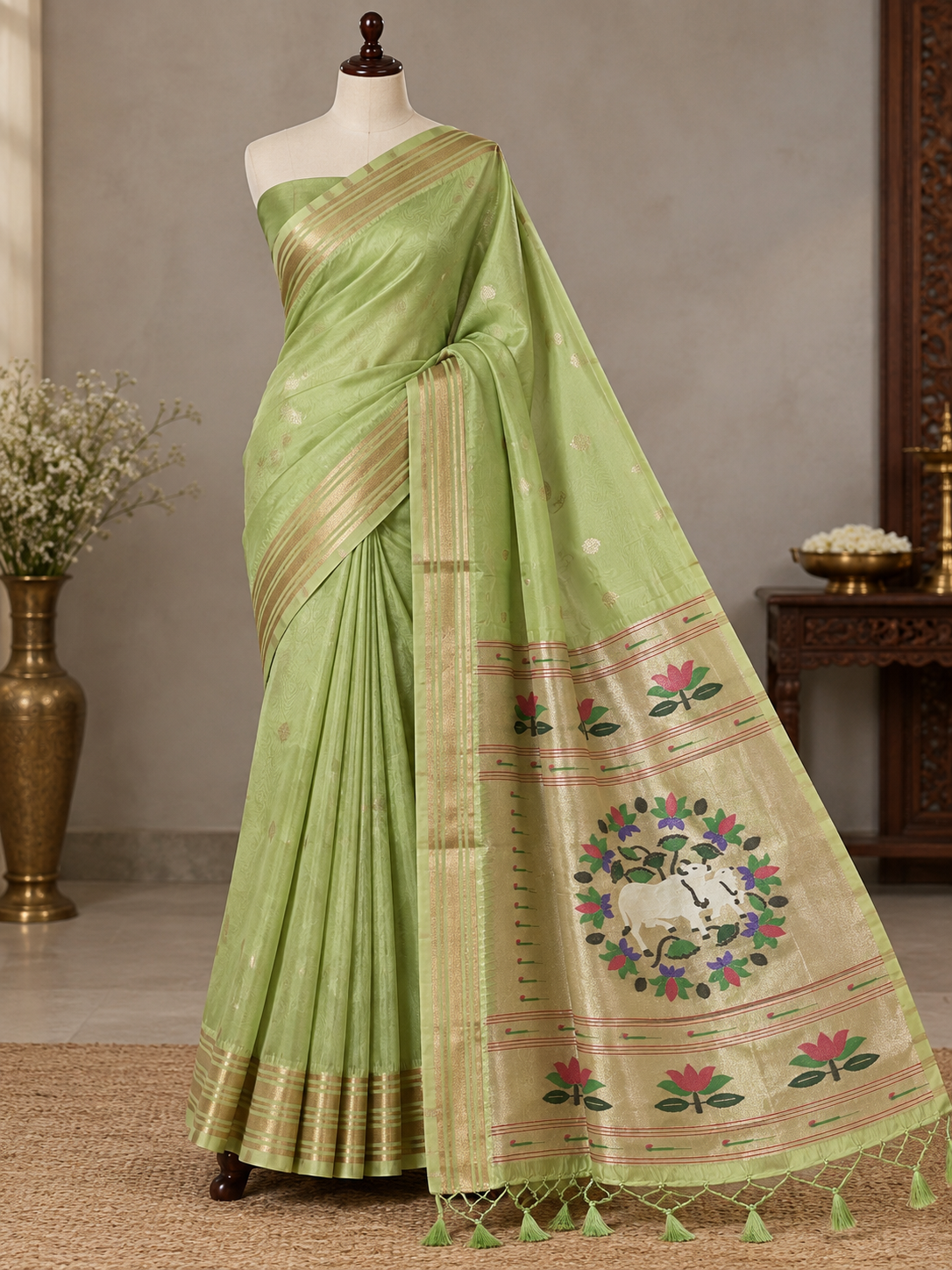 Light Pista Green Colour Semi Paithani Silk Saree