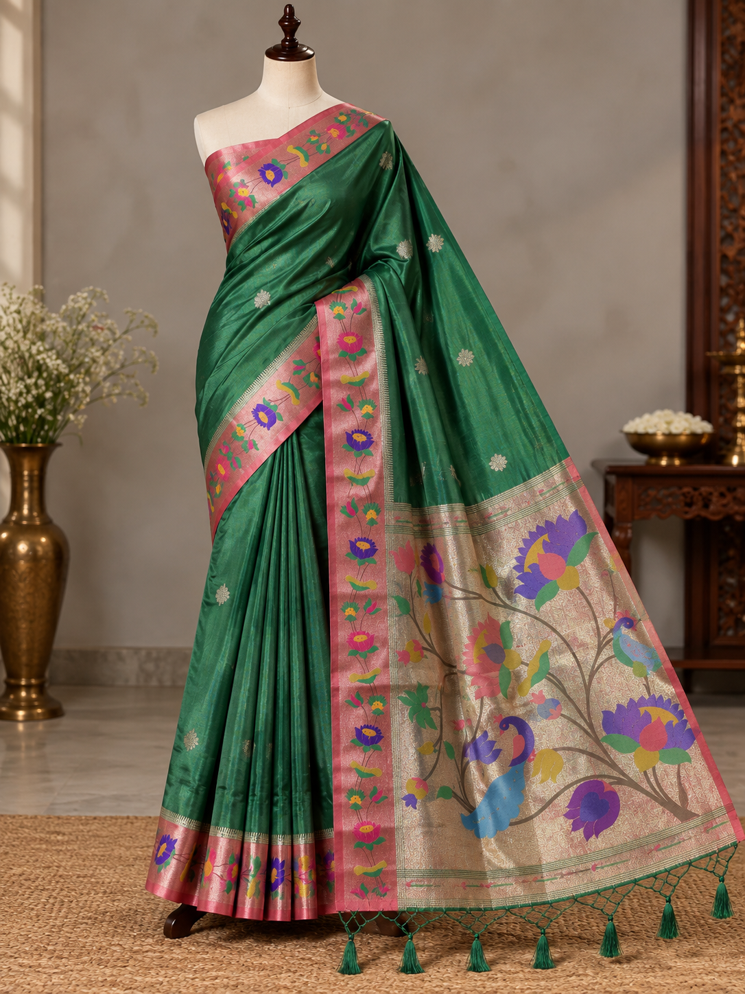 Bottle Green Colour Semi Paithani Silk Saree with Pink Contrast