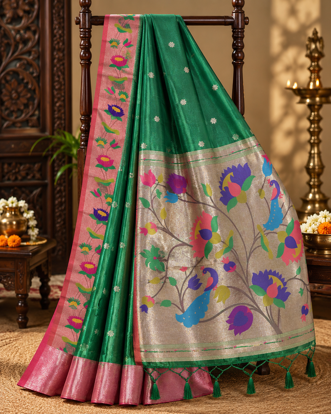 Bottle Green Colour Semi Paithani Silk Saree with Pink Contrast