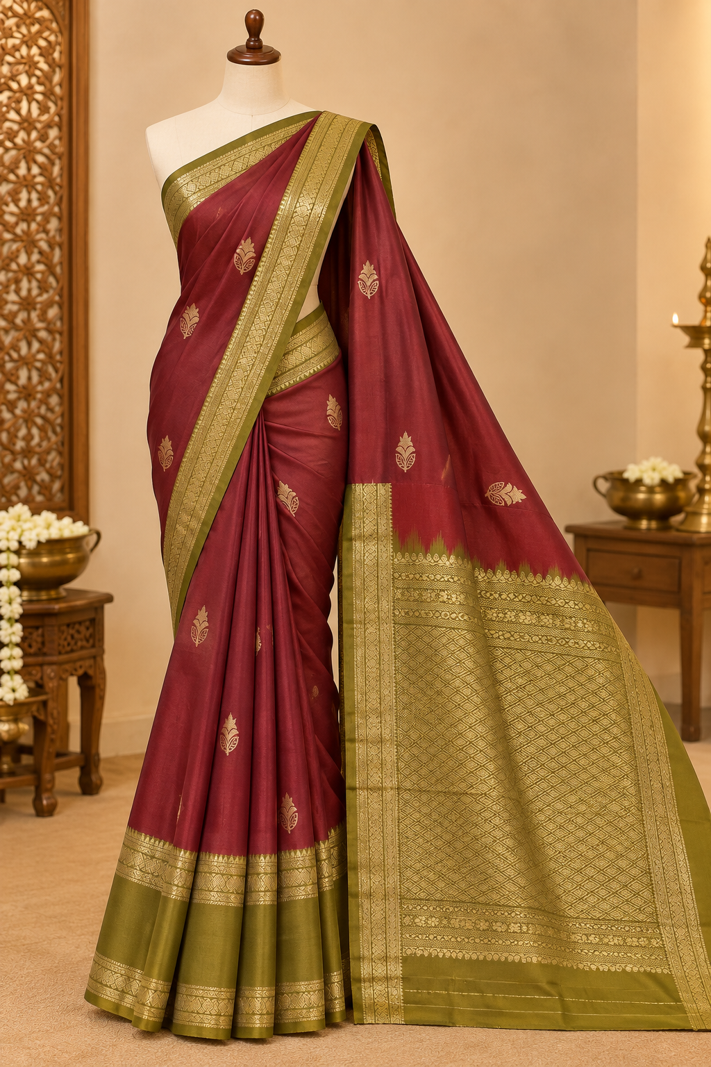 Maroon Colour Premium Semi Kanchi Silk Saree with Olive Green Contrast