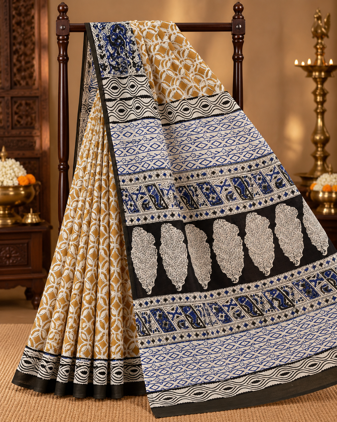 Cotton Cream & Mustard Yellow Contrast Saree