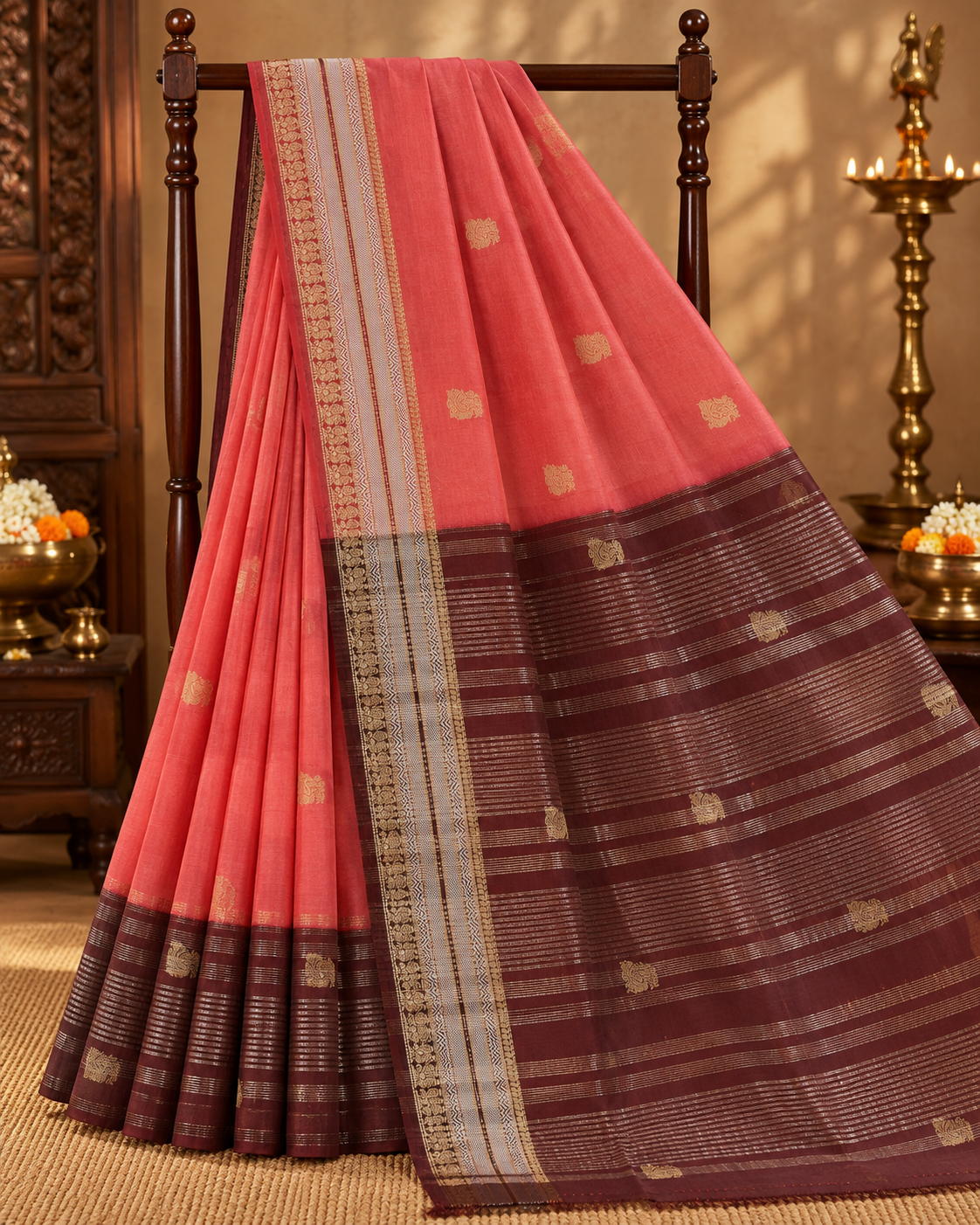 Coral Pink Colour Crepe Silk Saree with Maroon Contrast