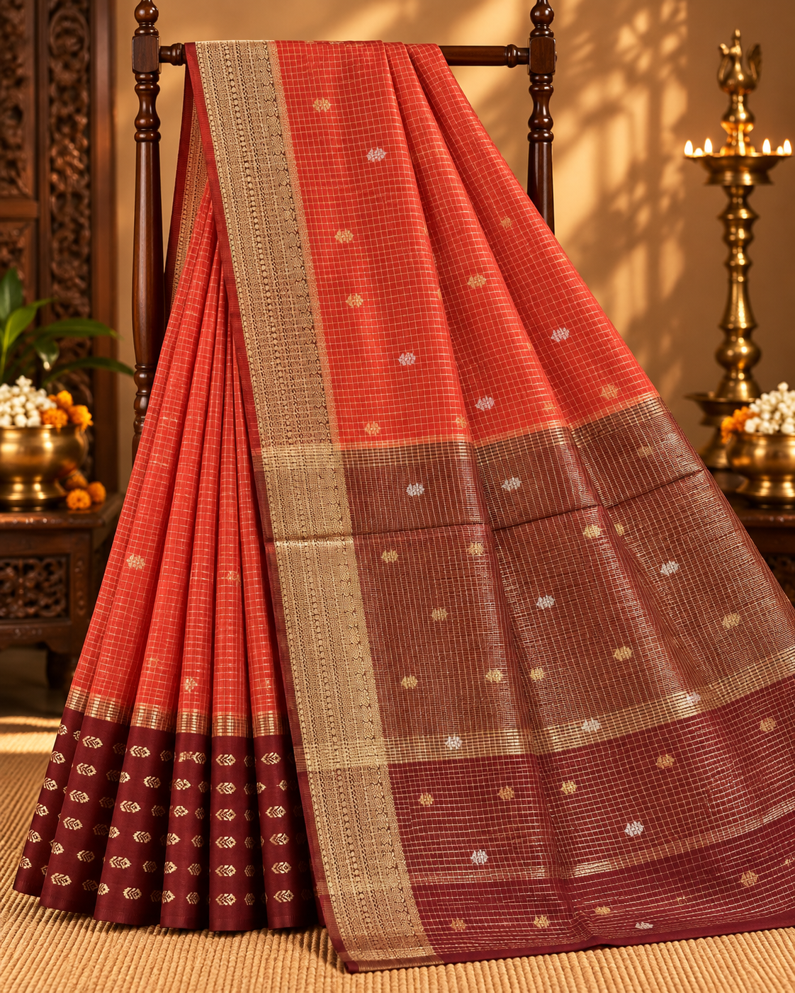 Rust Orange Colour Semi Crepe Silk Saree with Brown Contrast
