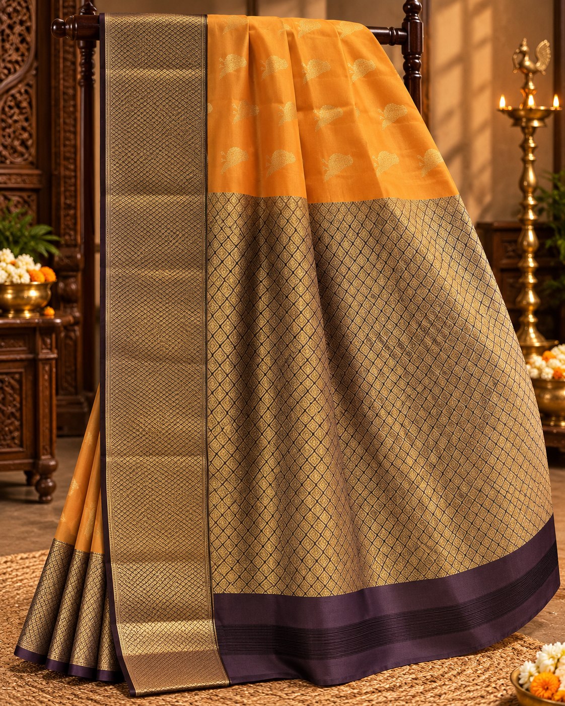 Mustard Yellow Colour Premium Semi Kanchi Silk Saree with Brown Contrast
