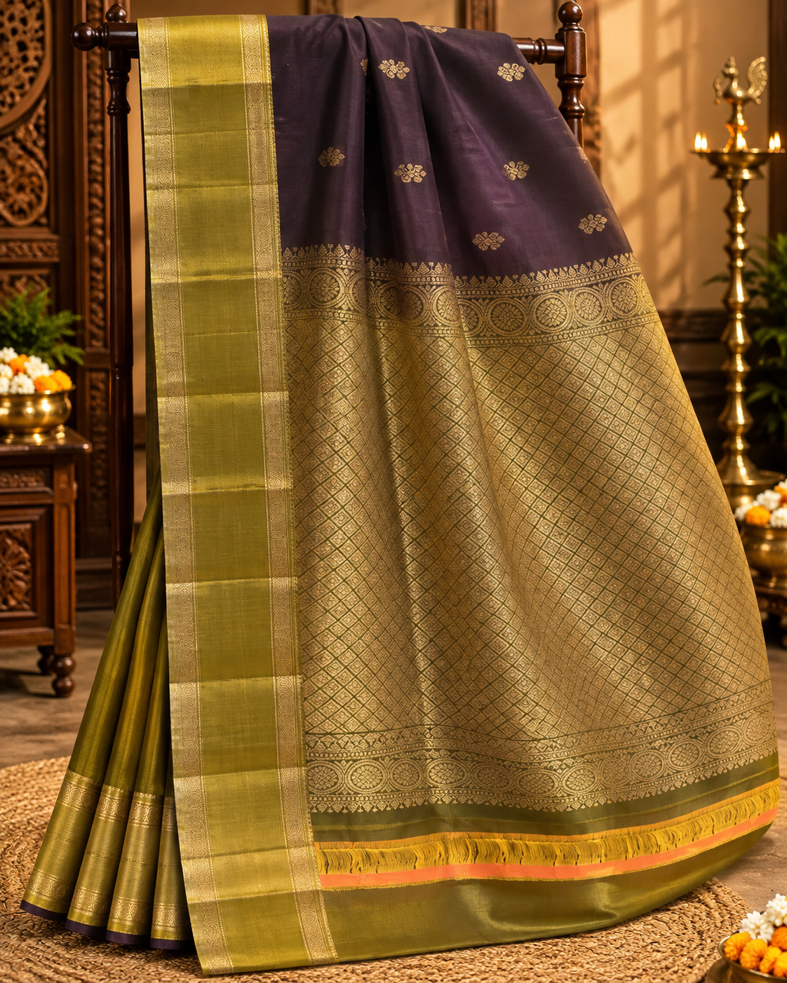Dark Wine Colour Premium Semi Kanchi Silk Saree with Olive Green Contrast