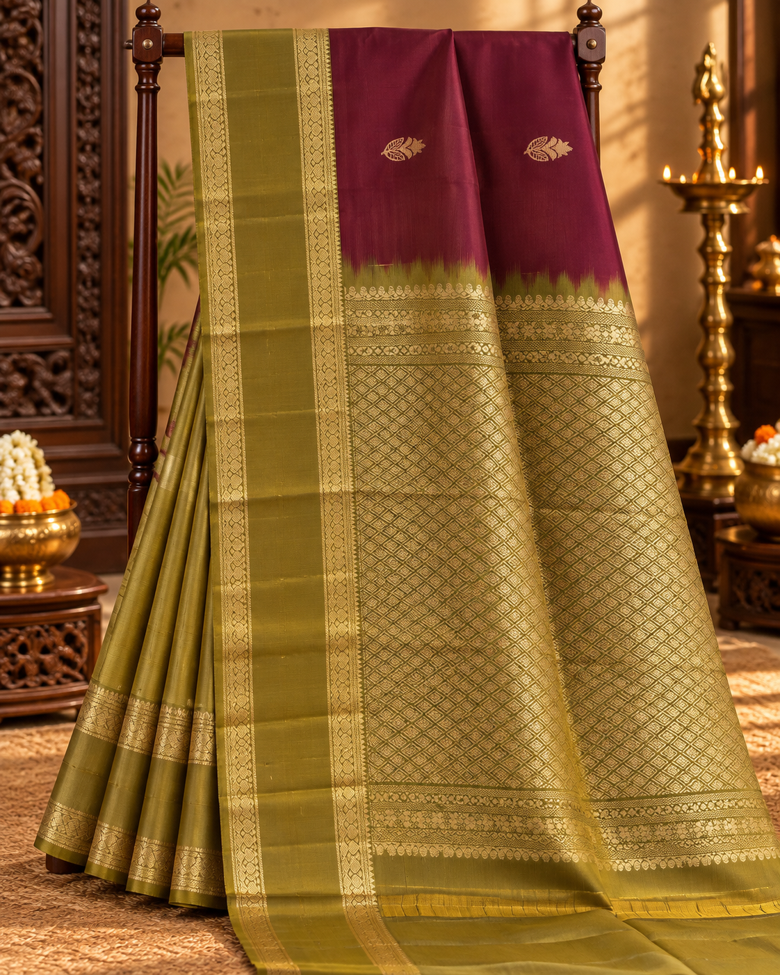 Maroon Colour Premium Semi Kanchi Silk Saree with Olive Green Contrast