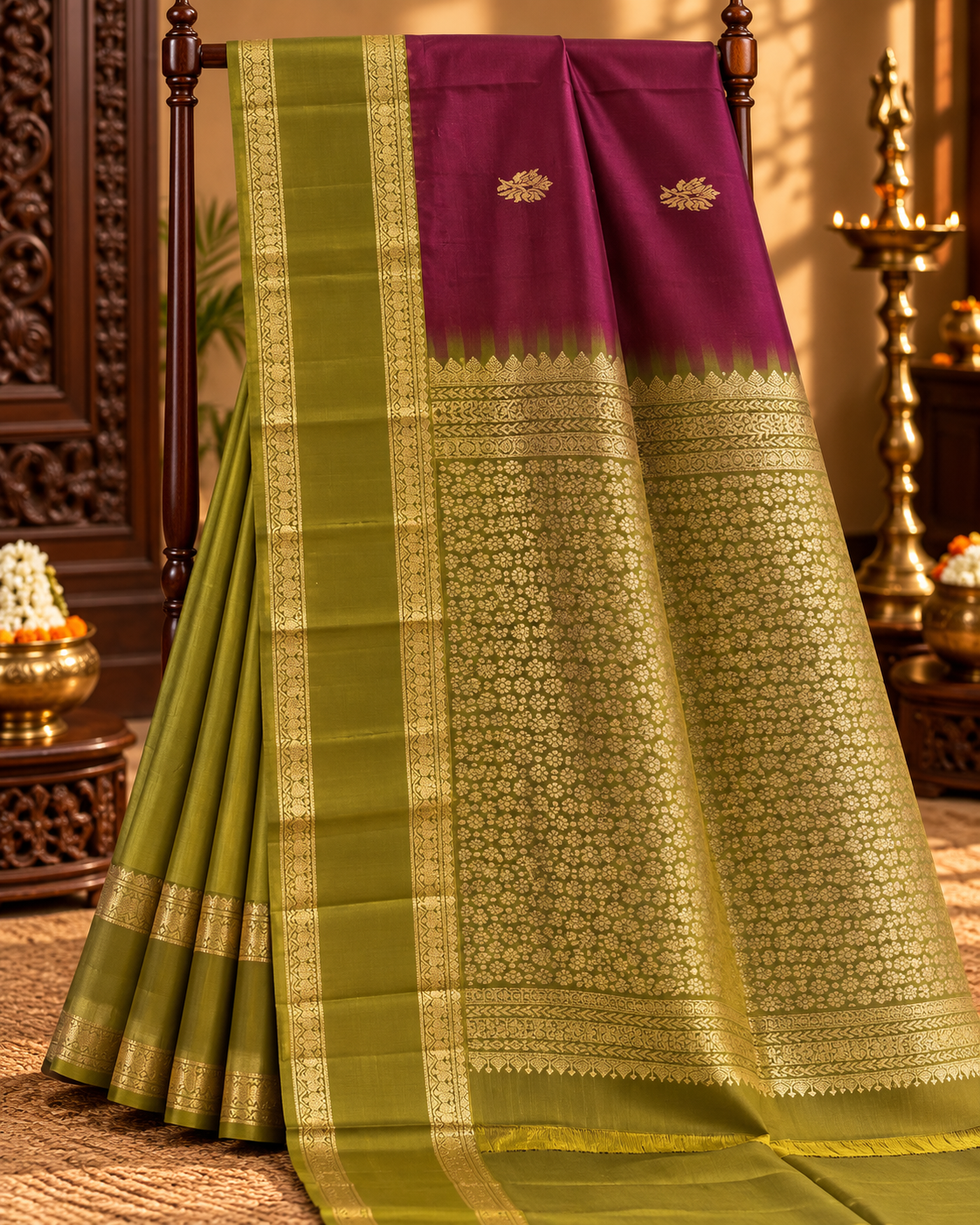 Wine Colour Premium Semi Kanchi Silk Saree with Olive Green Contrast