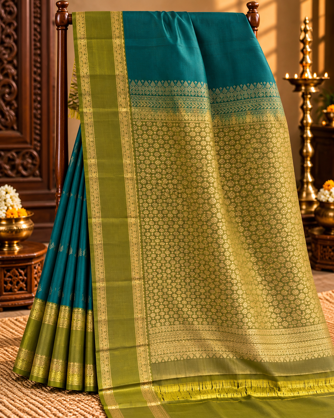 Teal Green Colour Premium Semi Kanchi Silk Saree with Olive Green Contrast