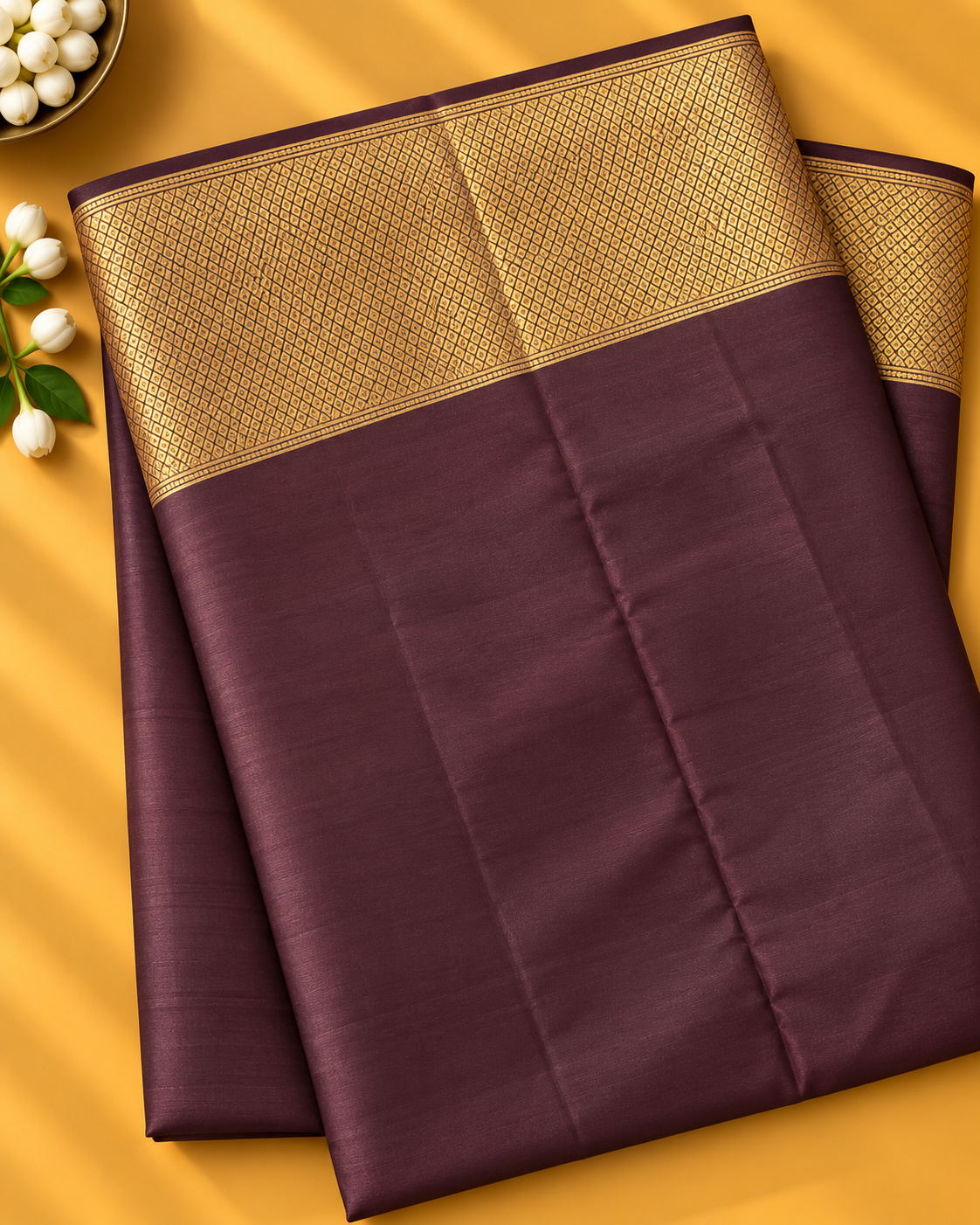 Mustard Yellow Colour Premium Semi Kanchi Silk Saree with Brown Contrast