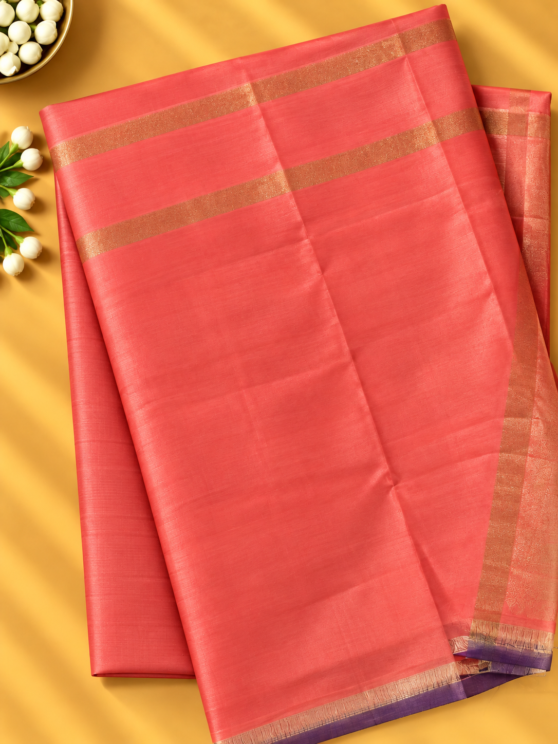 Coral Red Colour Premium Semi Kanchi Silk Saree with Peach Pink Contrast