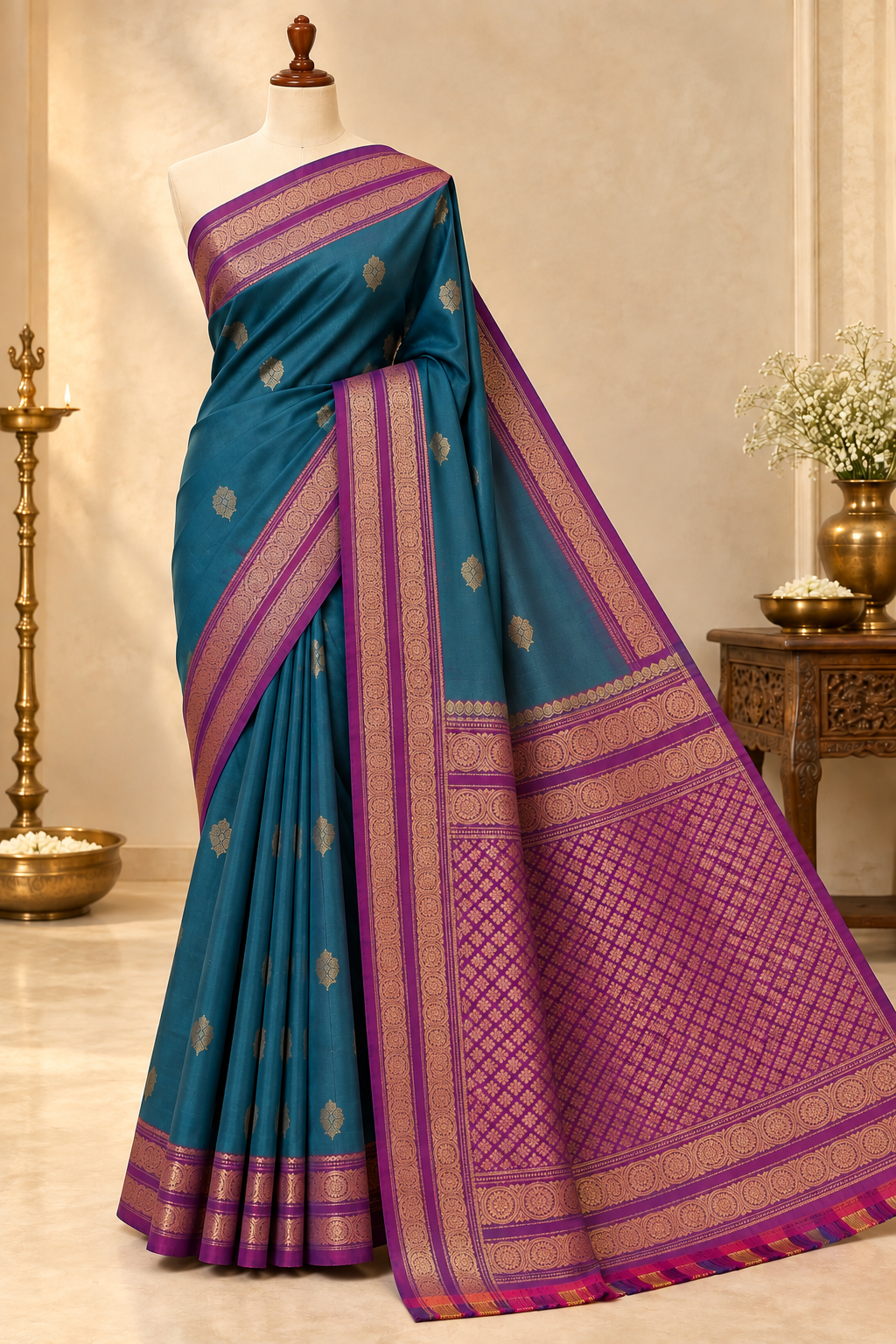 Teal Blue Colour Premium Semi Kanchi Silk Saree with Purple Contrast