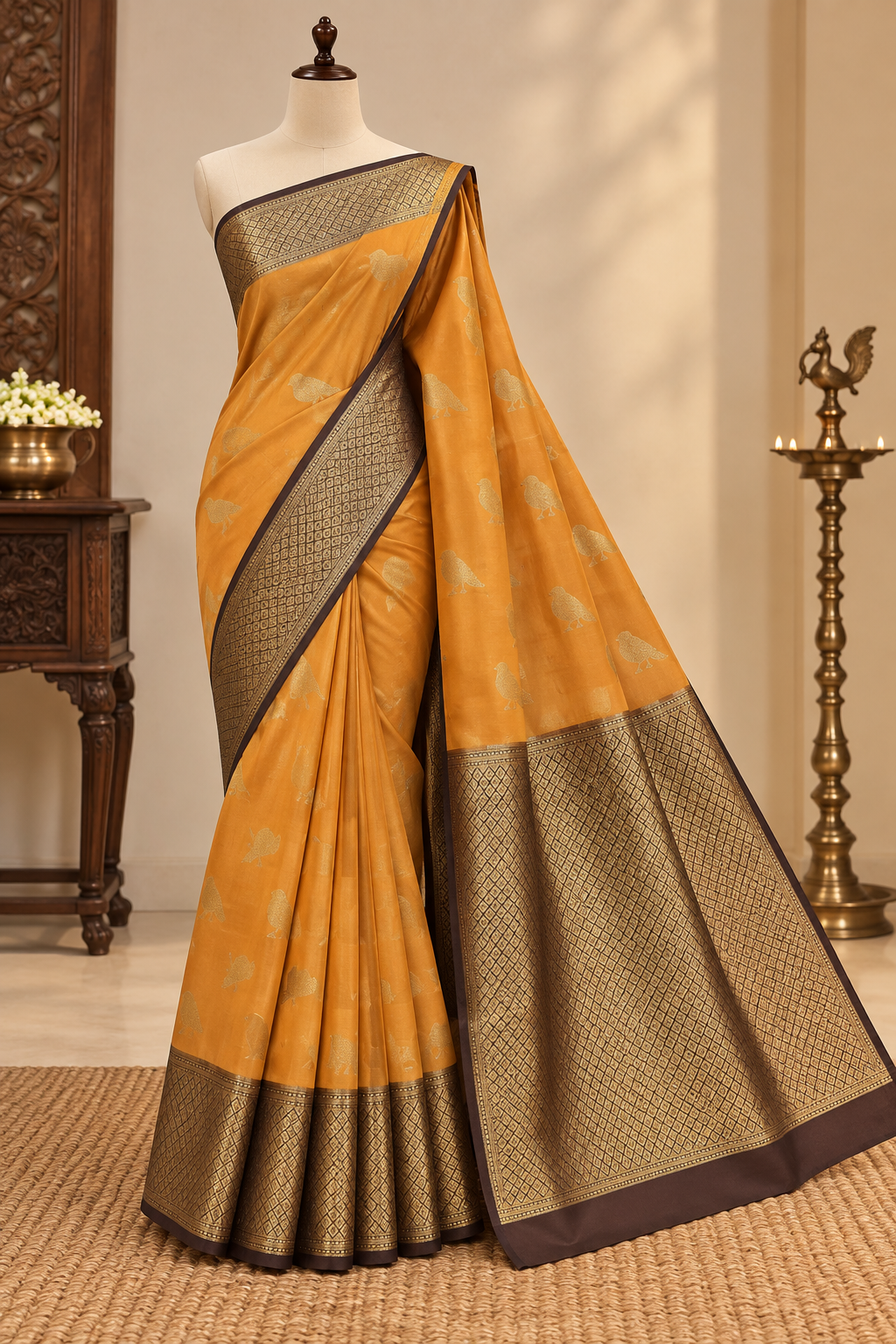 Mustard Yellow Colour Premium Semi Kanchi Silk Saree with Brown Contrast