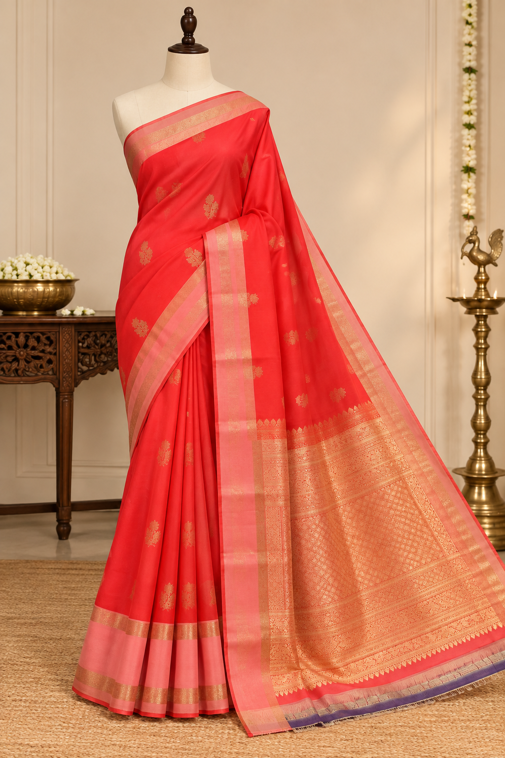 Coral Red Colour Premium Semi Kanchi Silk Saree with Peach Pink Contrast