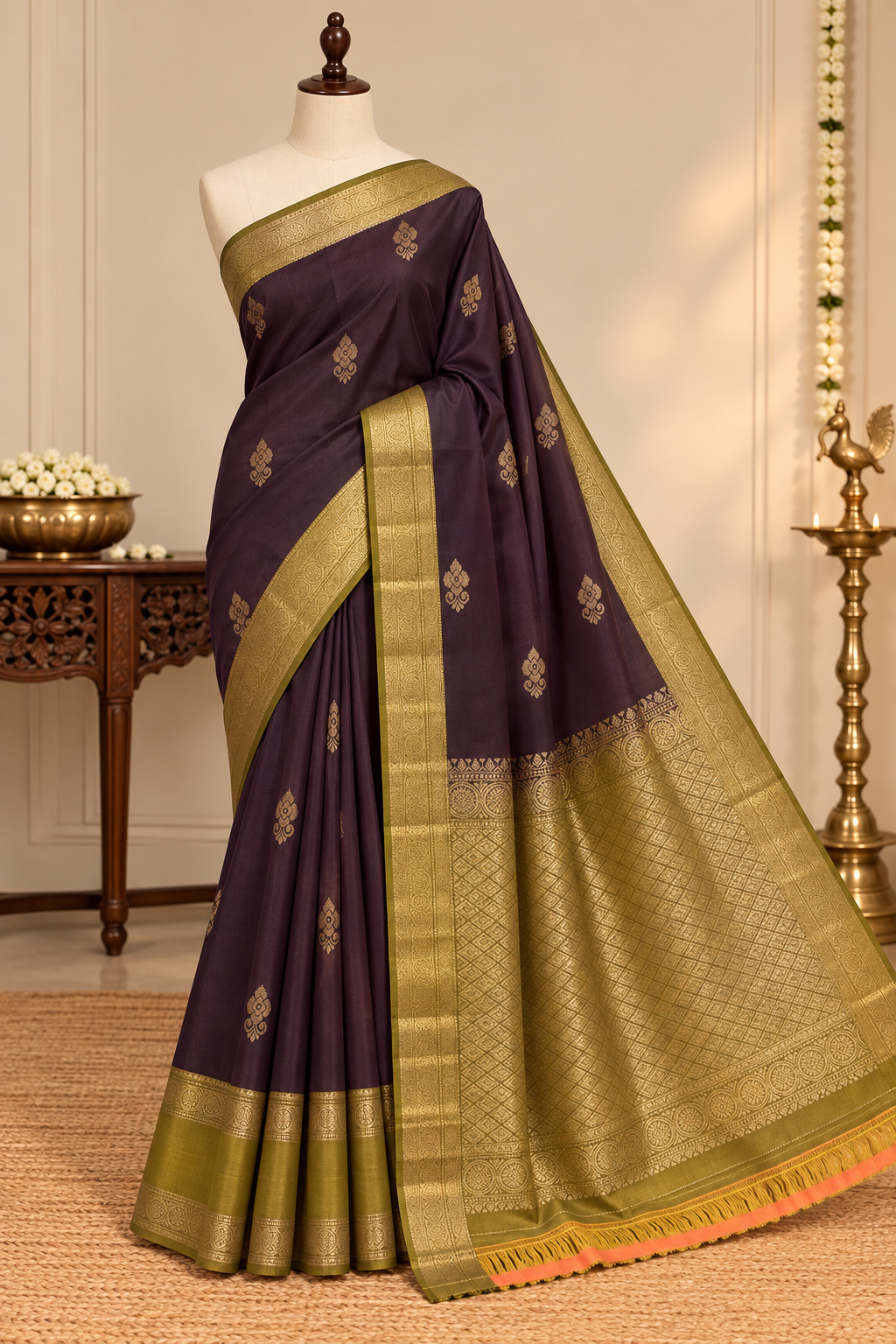 Dark Wine Colour Premium Semi Kanchi Silk Saree with Olive Green Contrast