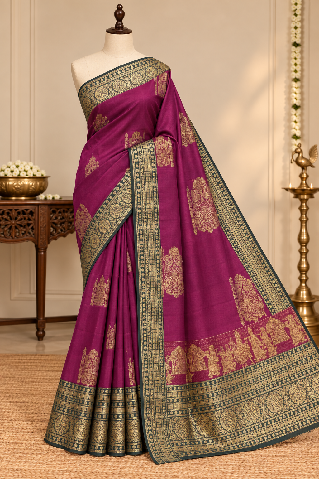 Magenta Colour Premium Semi Kanchi Silk Saree with Dark Green Contrast
