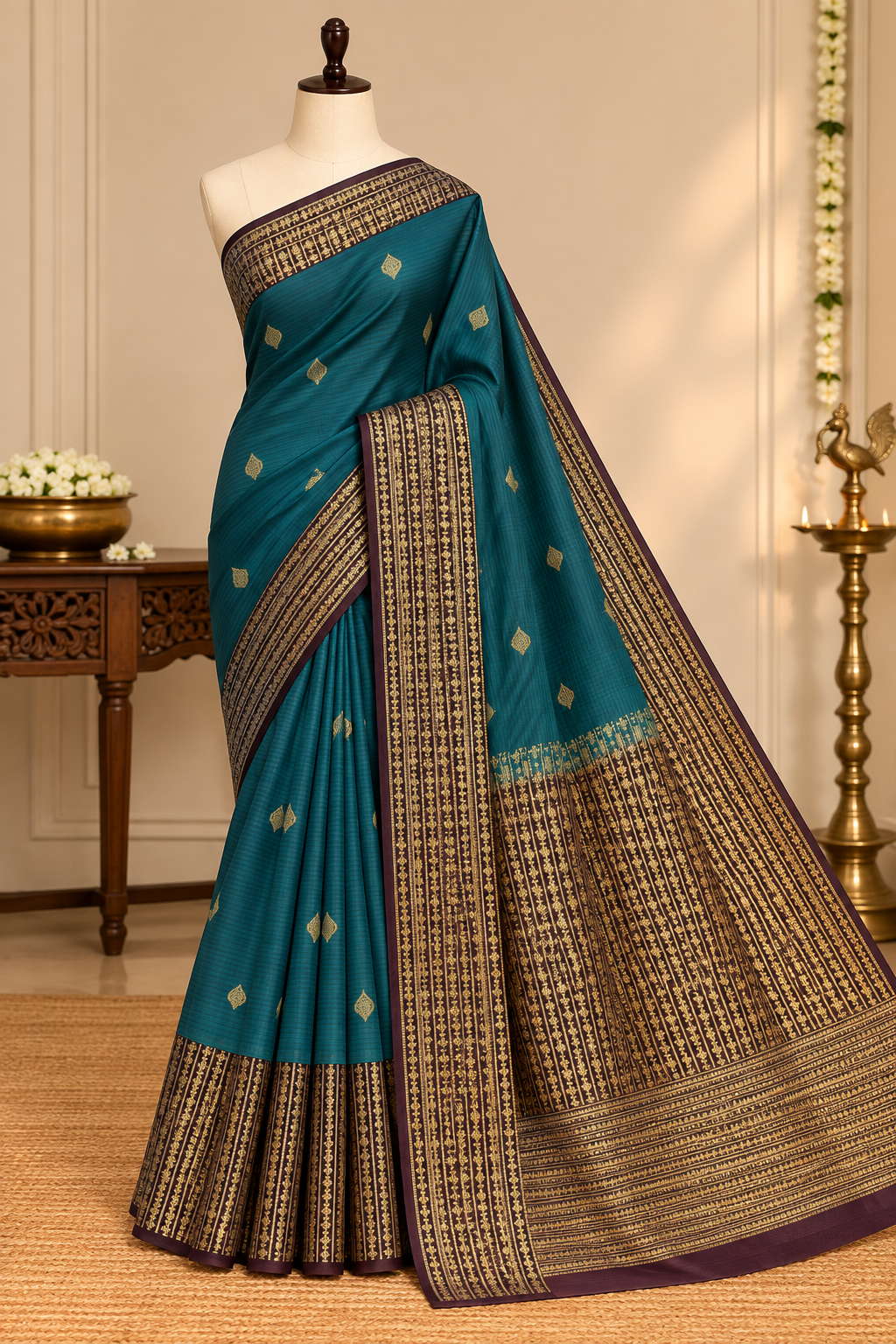 Dark Teal Colour Premium Semi Kanchi Silk Saree with Brown Contrast