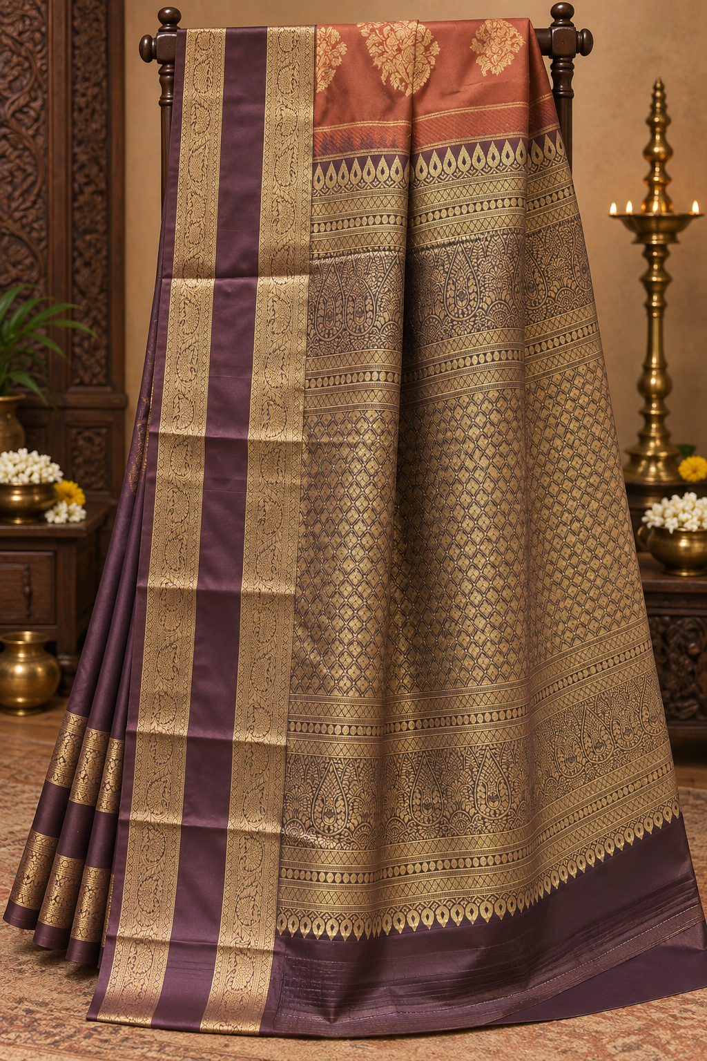 Rust Orange Colour Semi Silk Saree with Brown Contrast