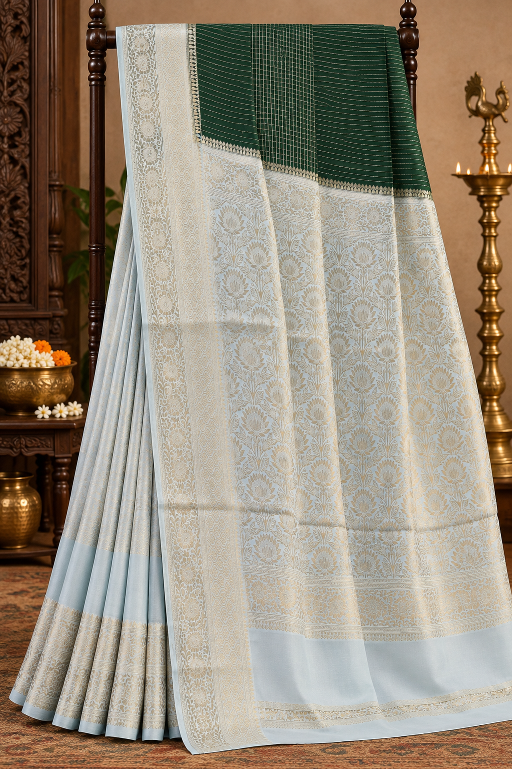 Bottle Green colour Semi Crepe Silk Saree with Light Blue Contrast