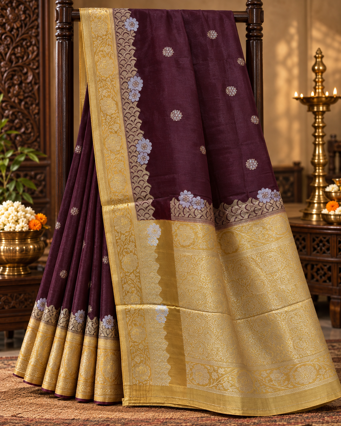 Maroon colour Viscose Crepe Saree with Gold Contrast