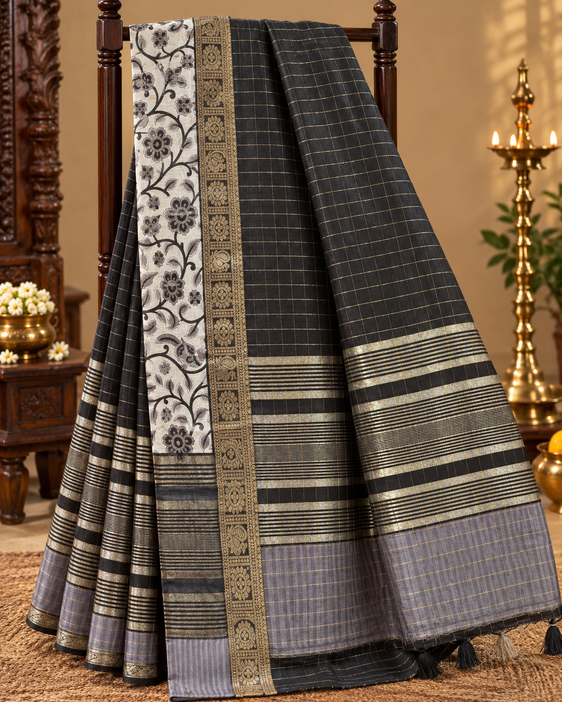 ಬಹುಬಣ್ಣದ ಚೆಕ್ಗಳು ಮತ್ತು ನೇರಳೆ ಚಿನ್ನದ ಜರಿ ಅಂಚು ಹೊಂದಿರುವ ಶುದ್ಧ ಕಾಂಜೀವರಂ ರೇಷ್ಮೆ ಸೀರೆ