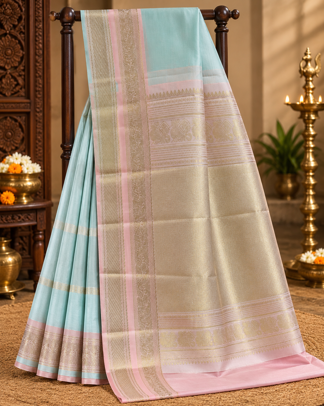 Aqua Blue colour Pure Kanjivaram Silk Saree with Peach Pink contrast