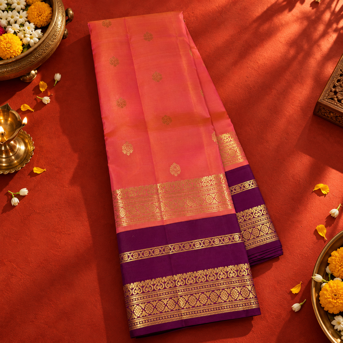 Coral Pink Colour Leela Verse Kanchipuram Silk Saree with Plum Purple Contrast NSSL07