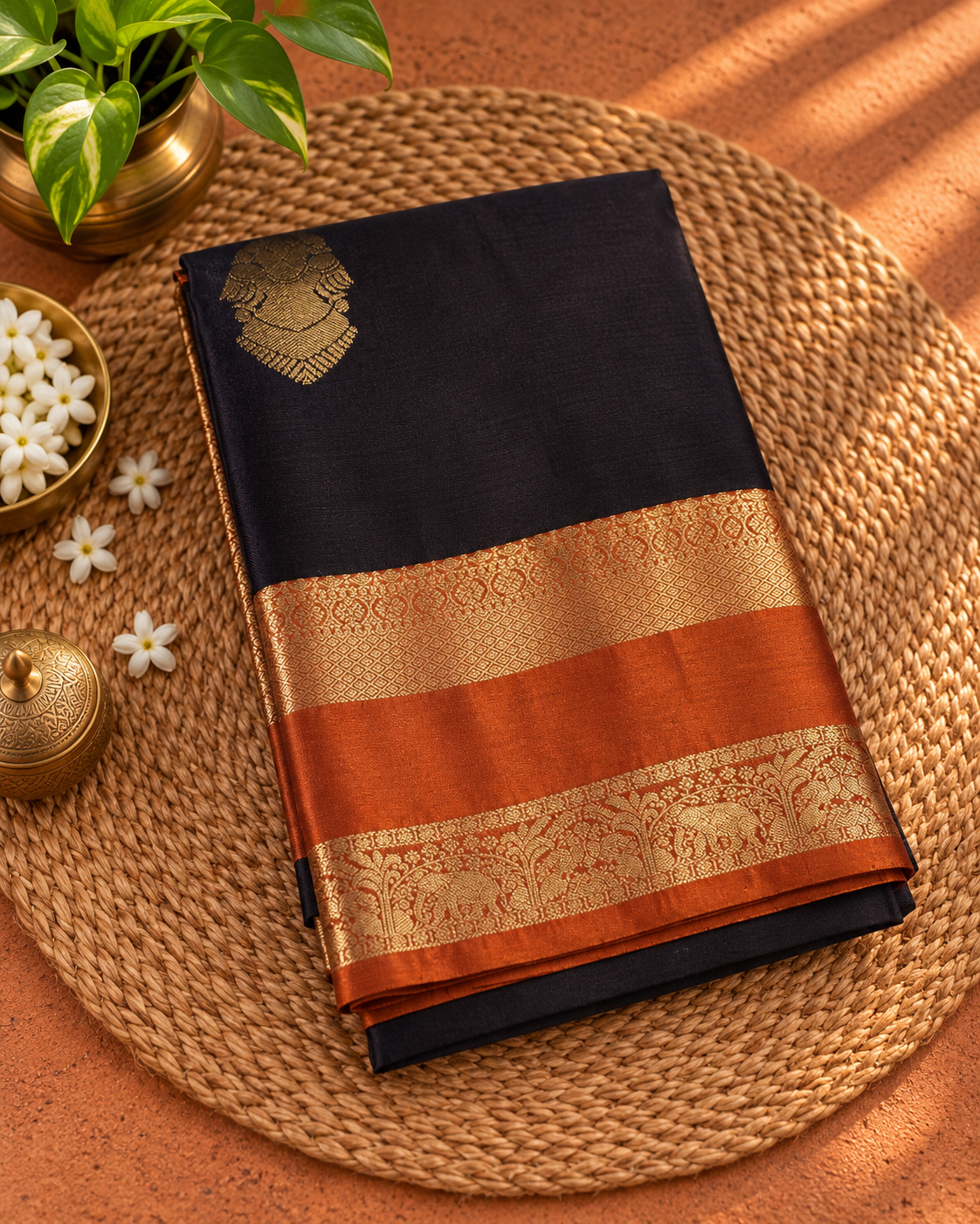 Chocolate Brown Colour Semi Kanchi Silk Saree with Rust Orange Contrast NSS151