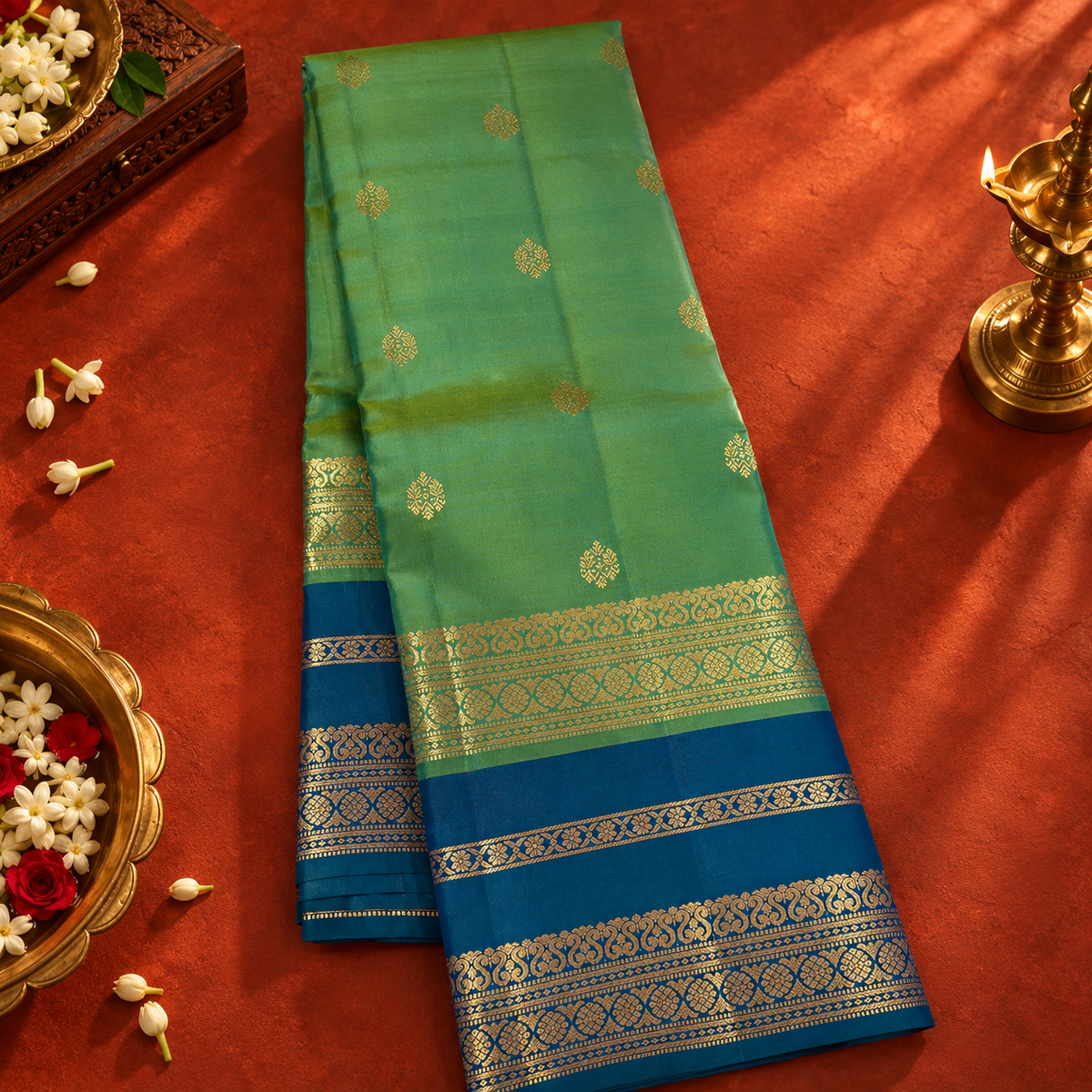 Pista Green Colour Leela Verse Kanchipuram Silk Saree with Teal Blue Contrast NSSL04