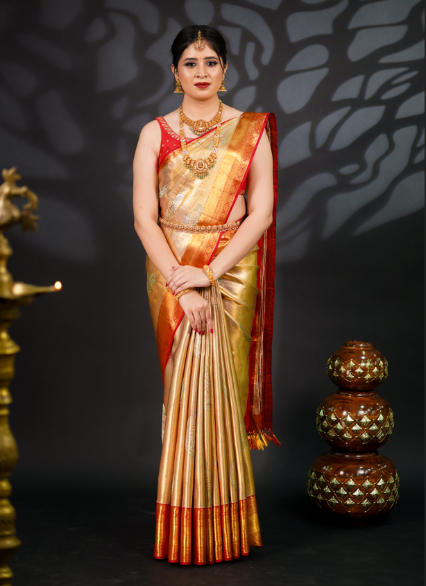 Pure Kanjivaram Silk Saree in Gold with Rich Golden Zari & Red Contrast Border – Traditional Bridal & Wedding Collection