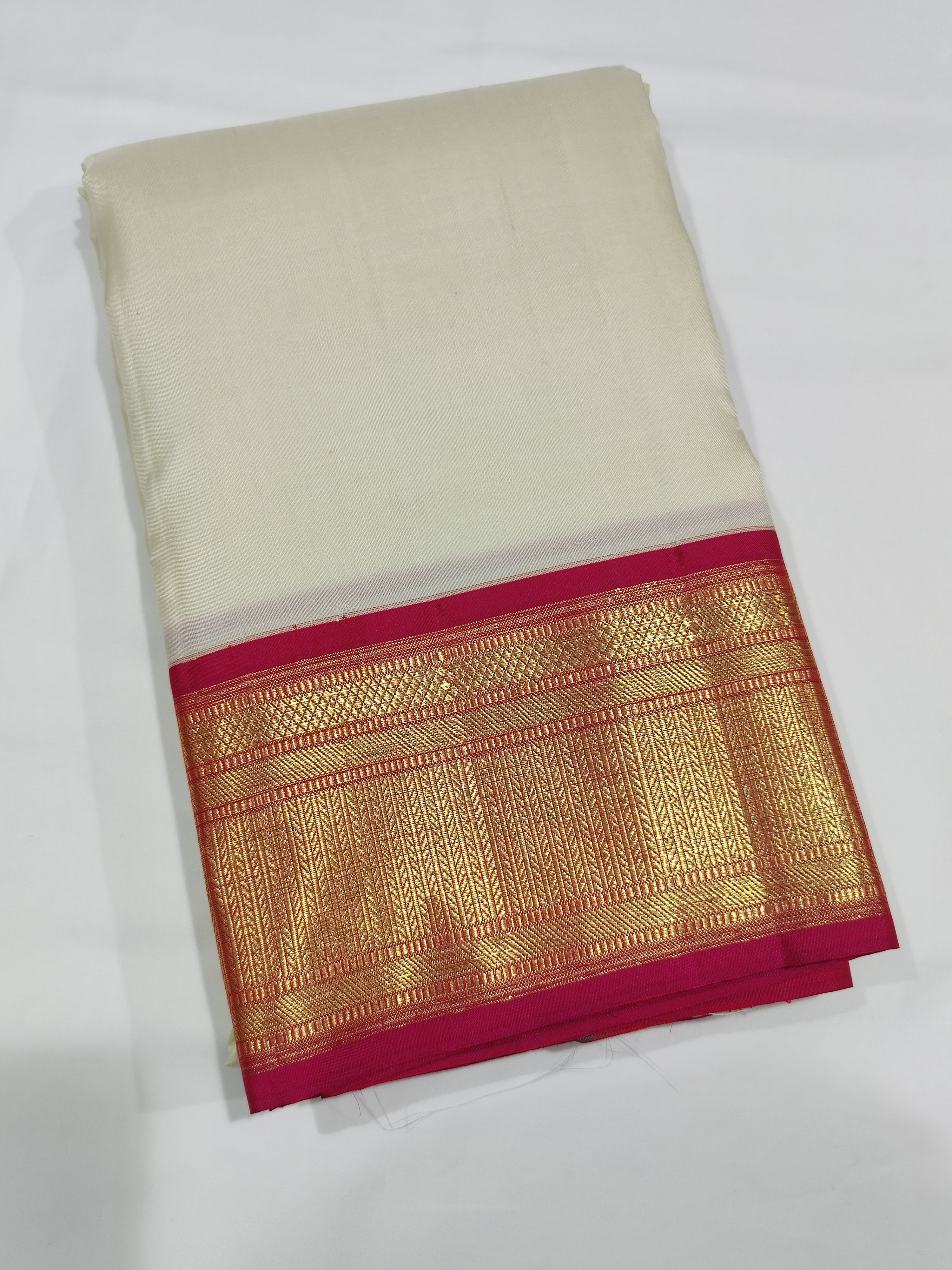 "Dark Pink & Gold Zari Border Cream Kanjivaram Pure Silk Dhoti + Shirt Piece – Wedding Collection" - New Sudarshan Silks`