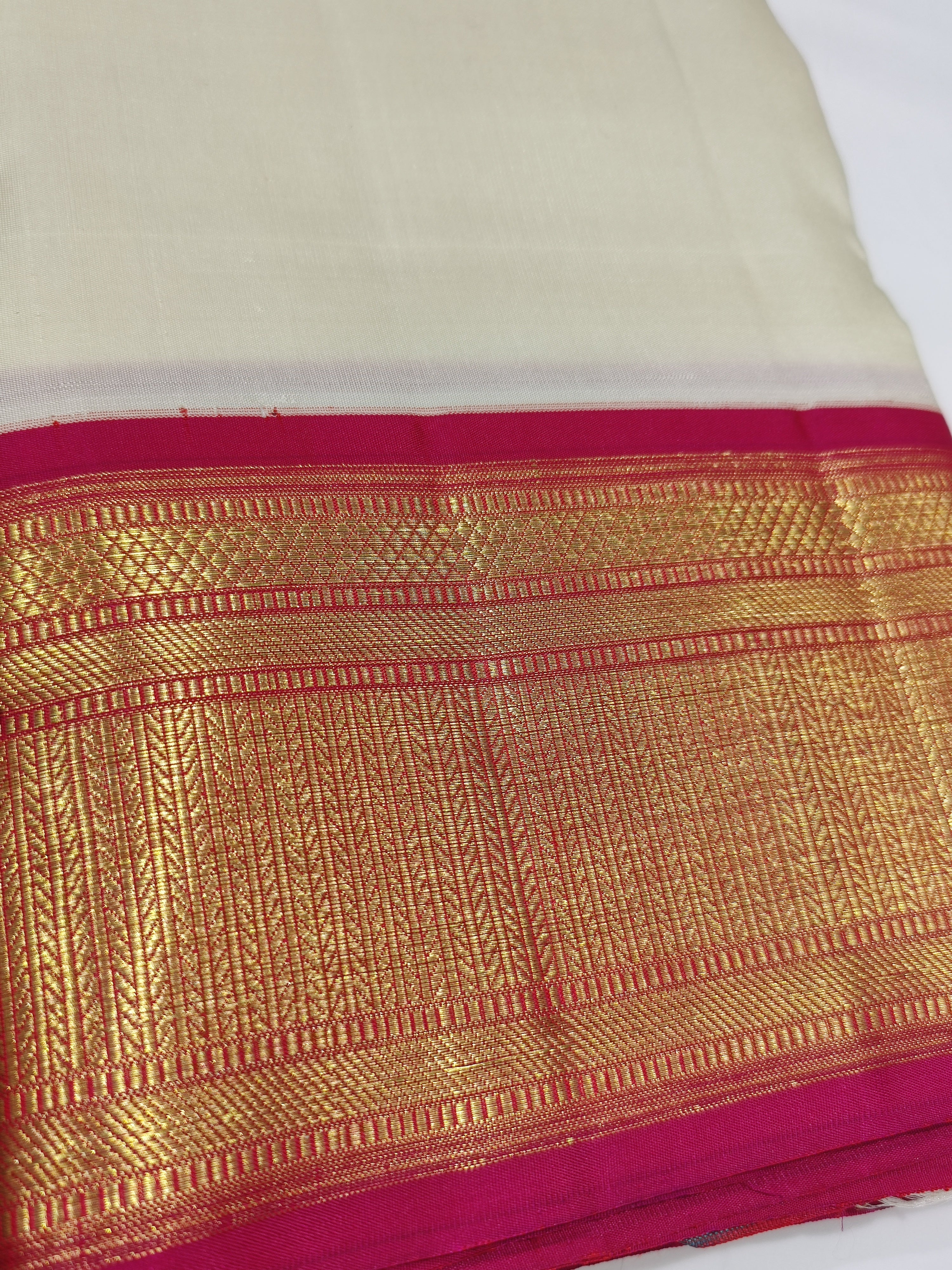 "Dark Pink & Gold Zari Border Cream Kanjivaram Pure Silk Dhoti + Shirt Piece – Wedding Collection" - New Sudarshan Silks`