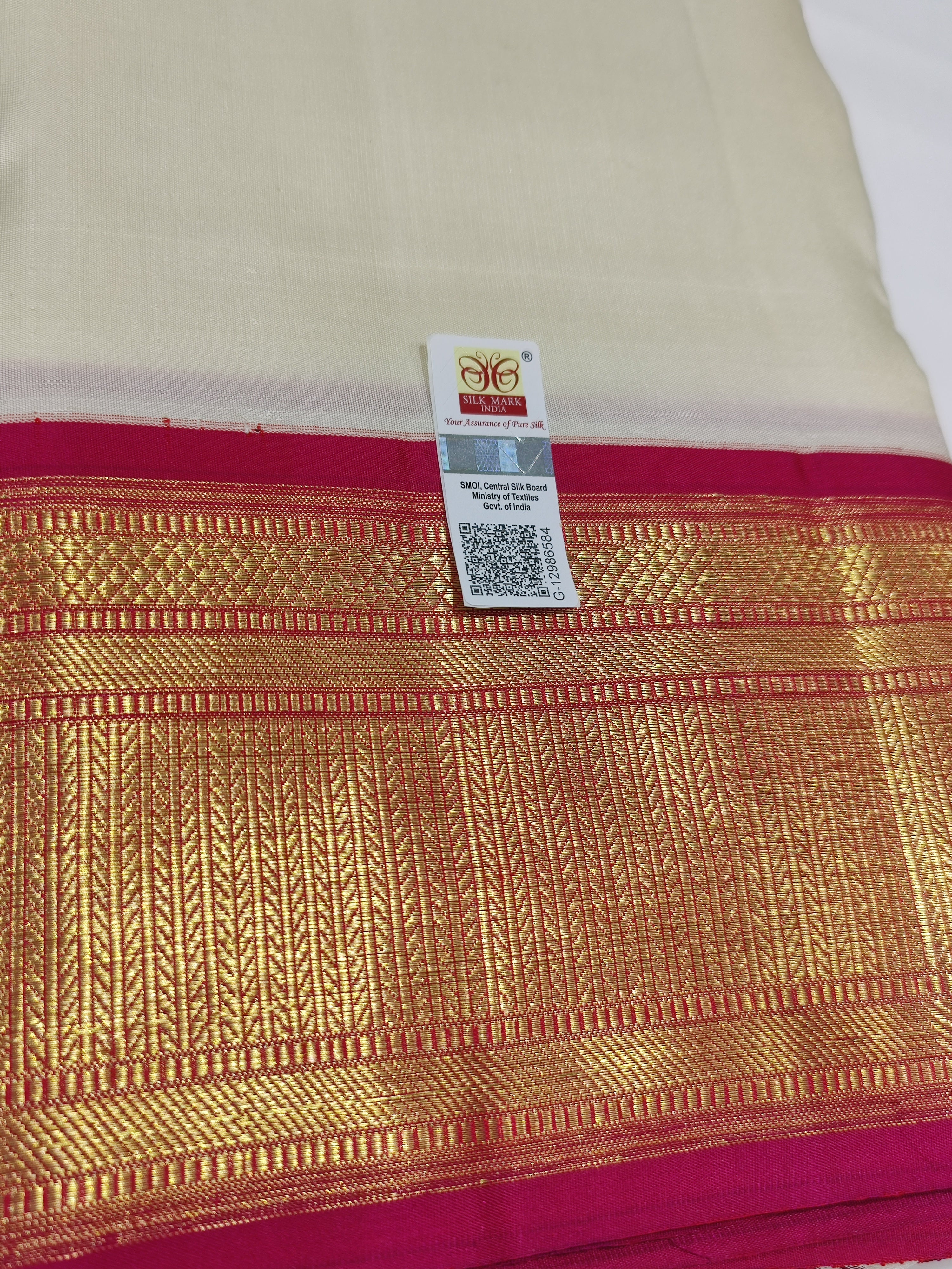 "Dark Pink & Gold Zari Border Cream Kanjivaram Pure Silk Dhoti + Shirt Piece – Wedding Collection" - New Sudarshan Silks`